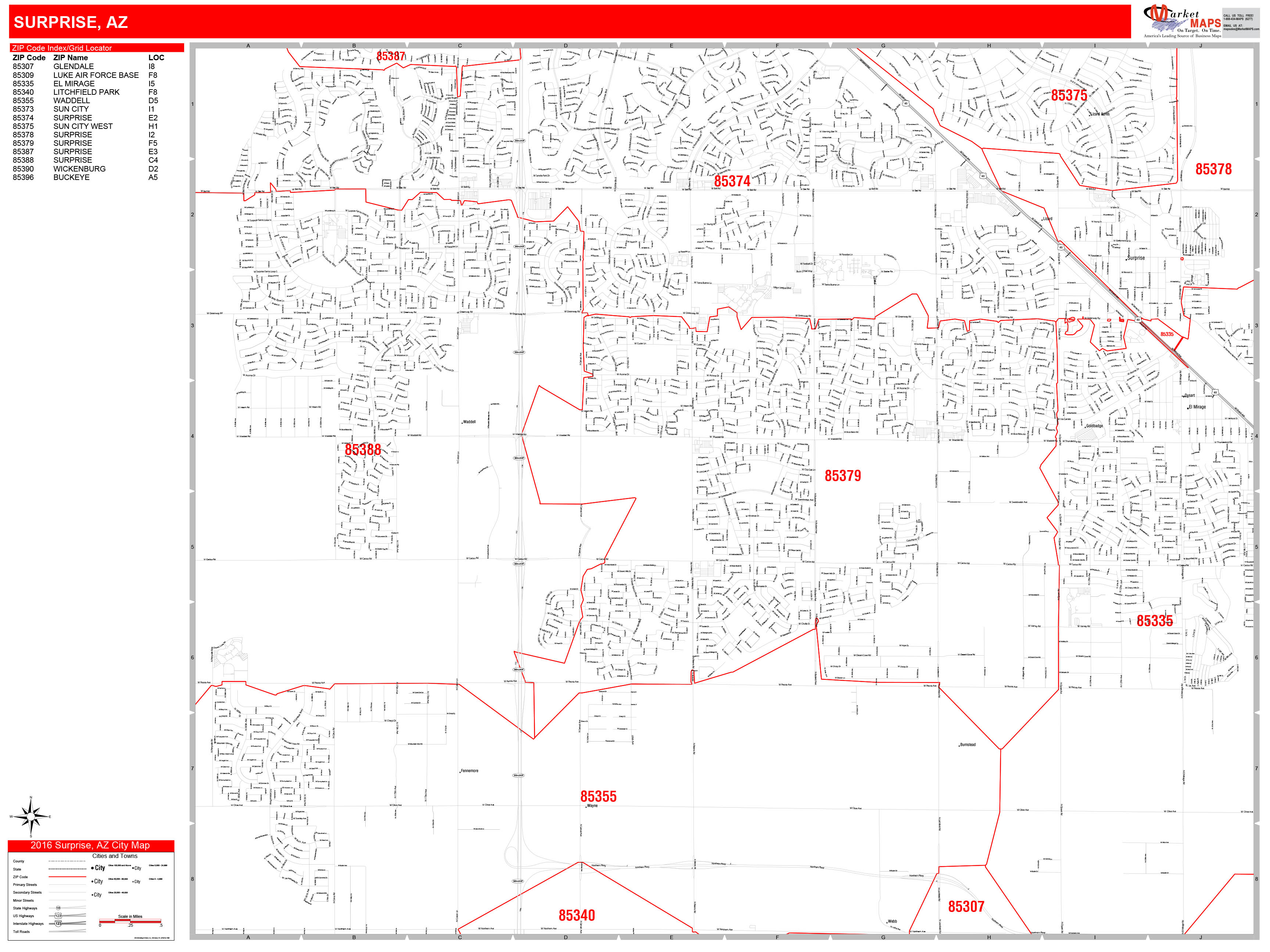 Surprise Arizona Zip Code Wall Map (Red Line Style) by MarketMAPS