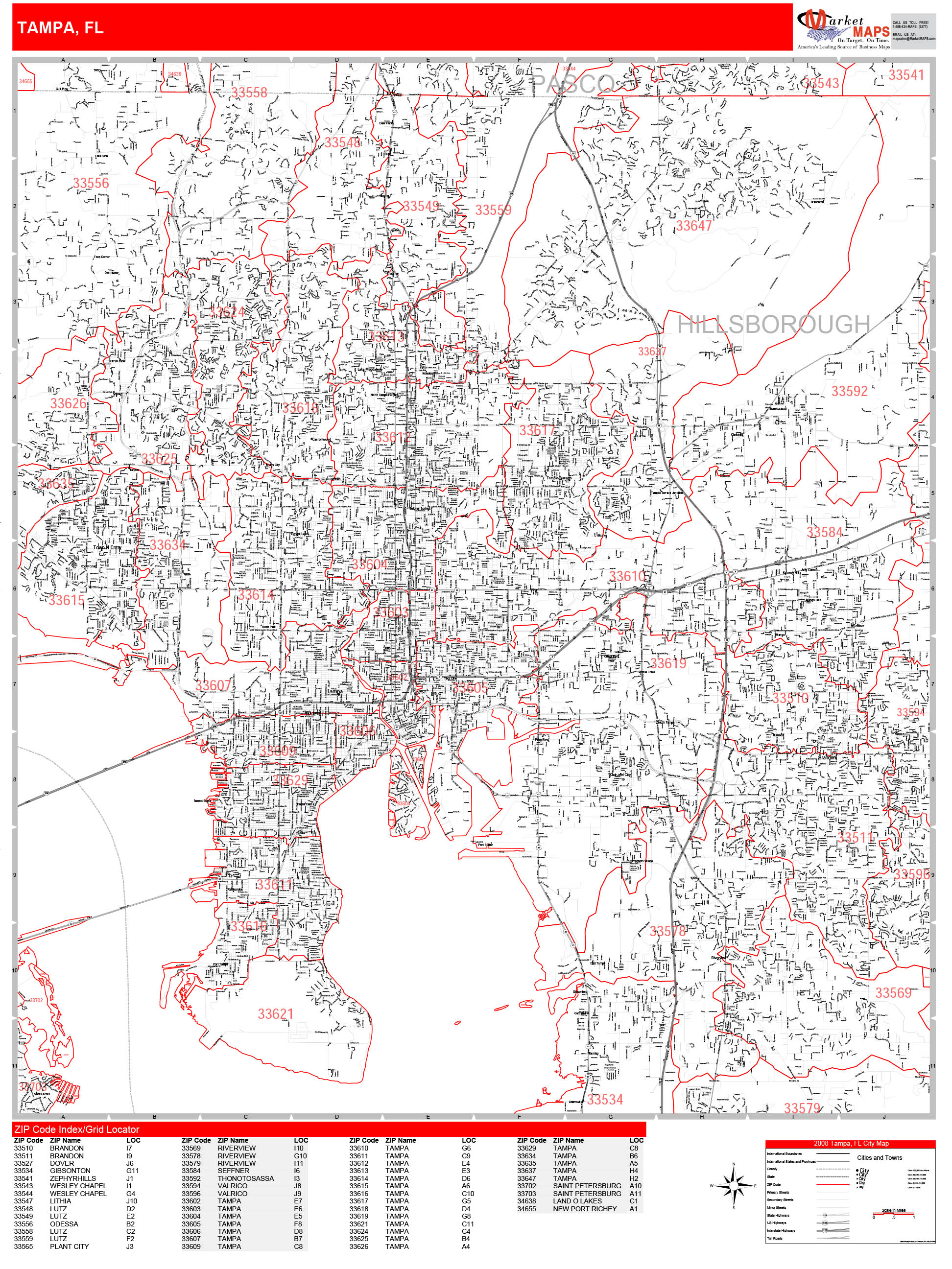 Tampa Florida Zip Code Wall Map (Red Line Style) by MarketMAPS MapSales
