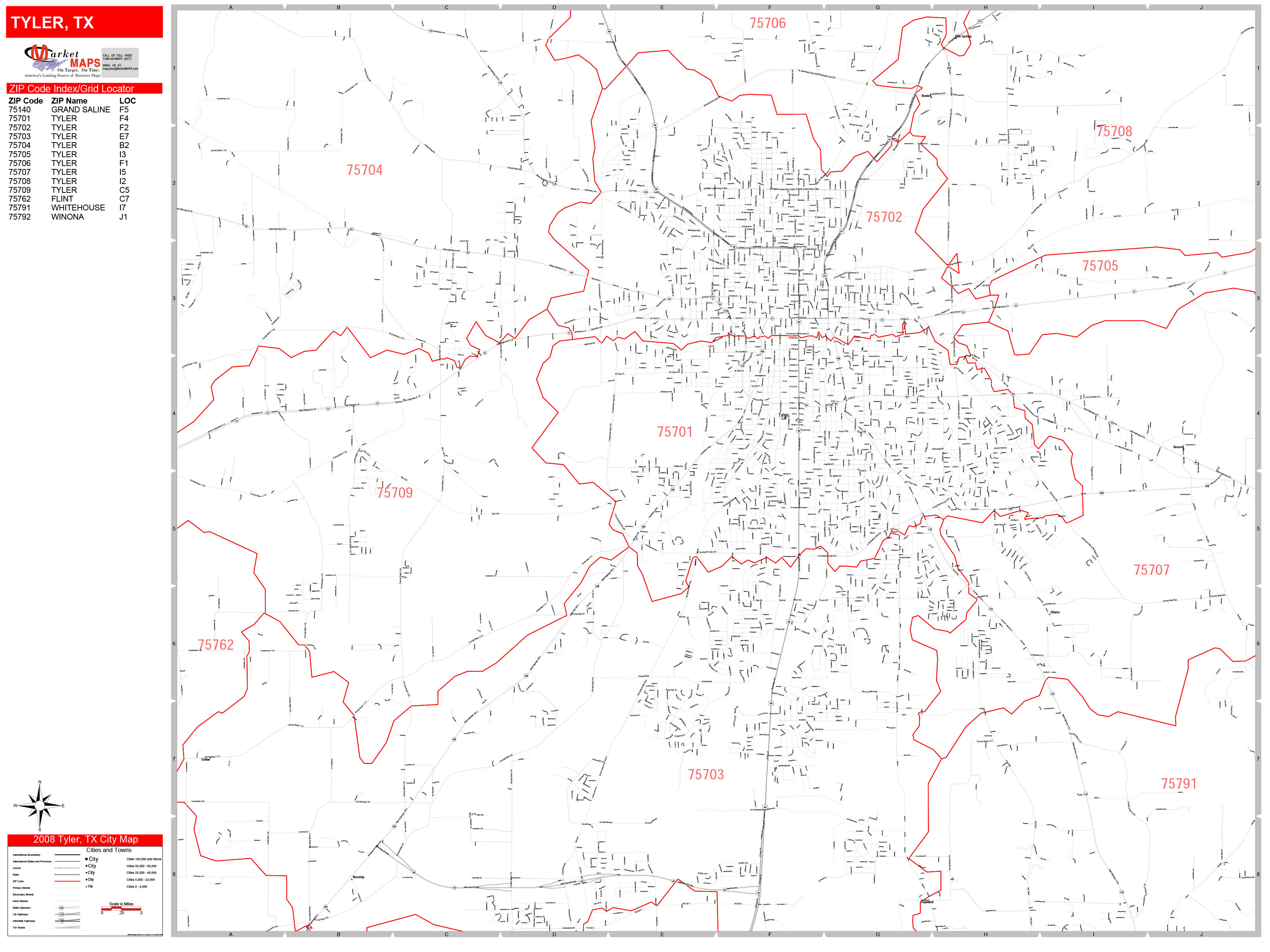 Tyler Texas Zip Code Wall Map Red Line Style By Marketmaps Mapsales