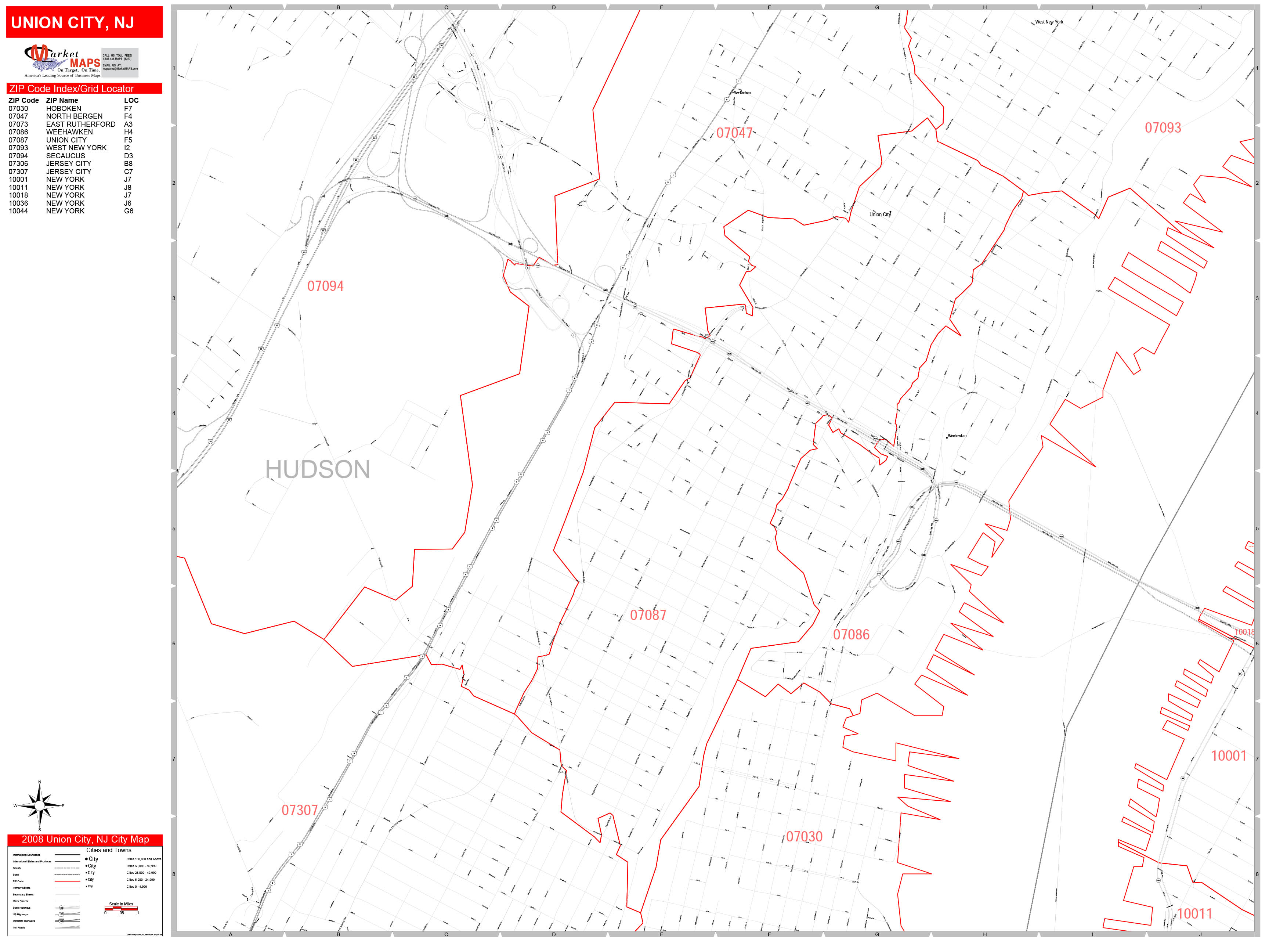 Union City New Jersey Zip Code Wall Map (Red Line Style) by MarketMAPS