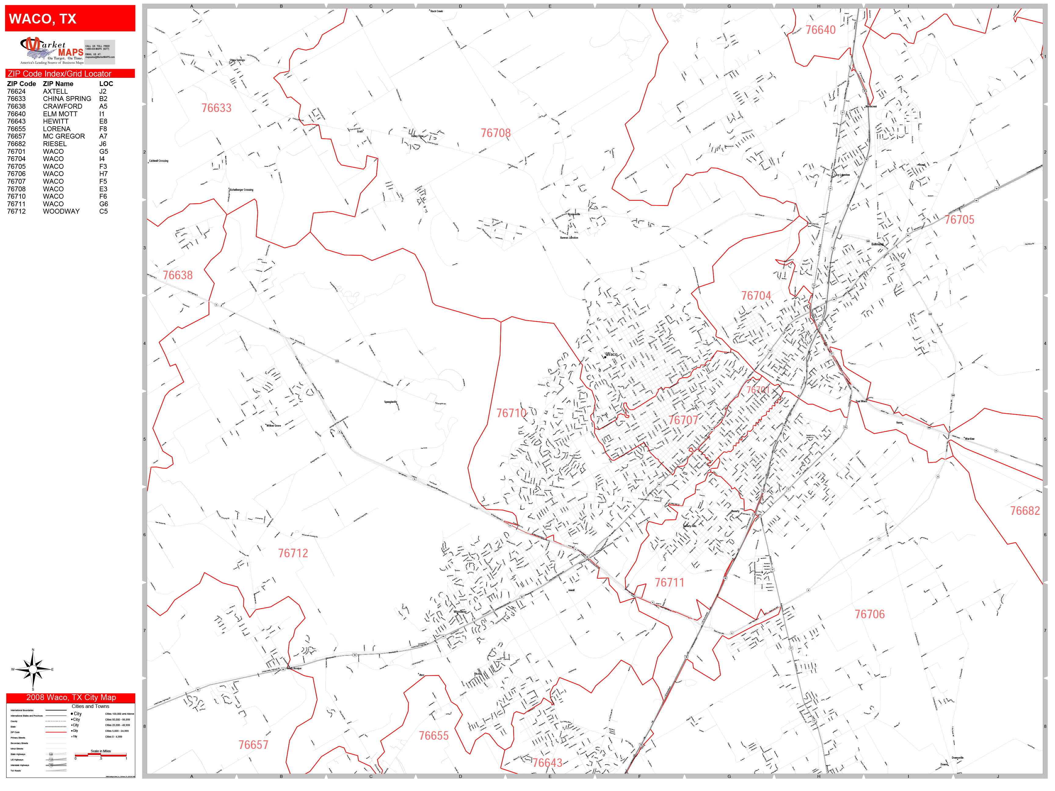Waco Texas Zip Code Wall Map (Red Line Style) by MarketMAPS MapSales