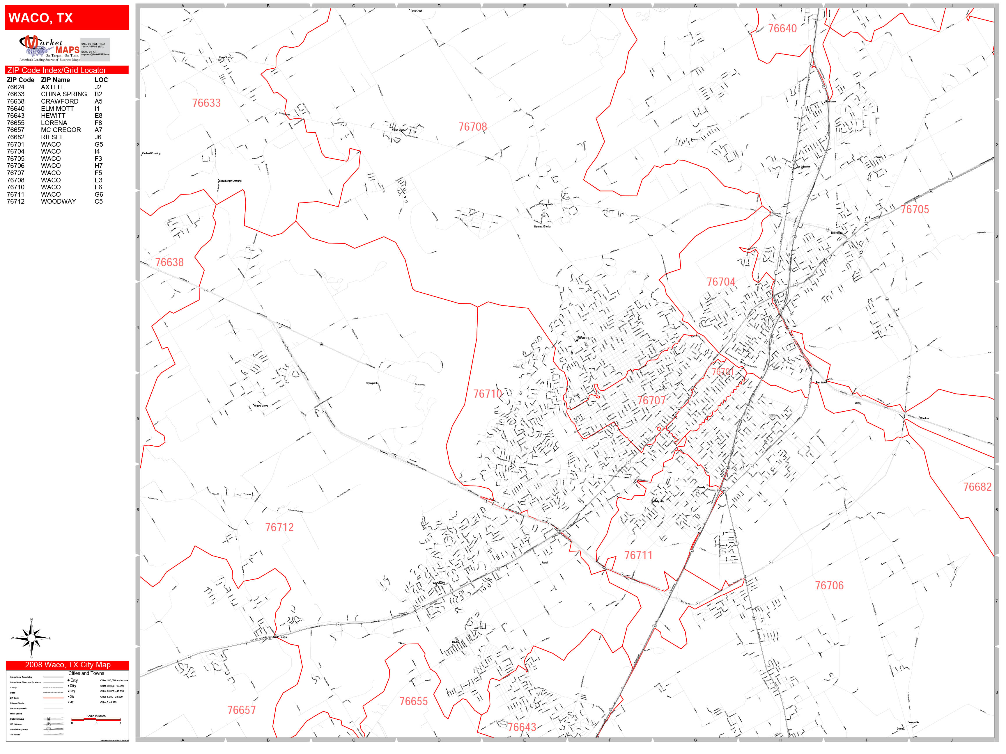 Waco Texas Zip Code Wall Map Red Line Style By Marketmaps Mapsales