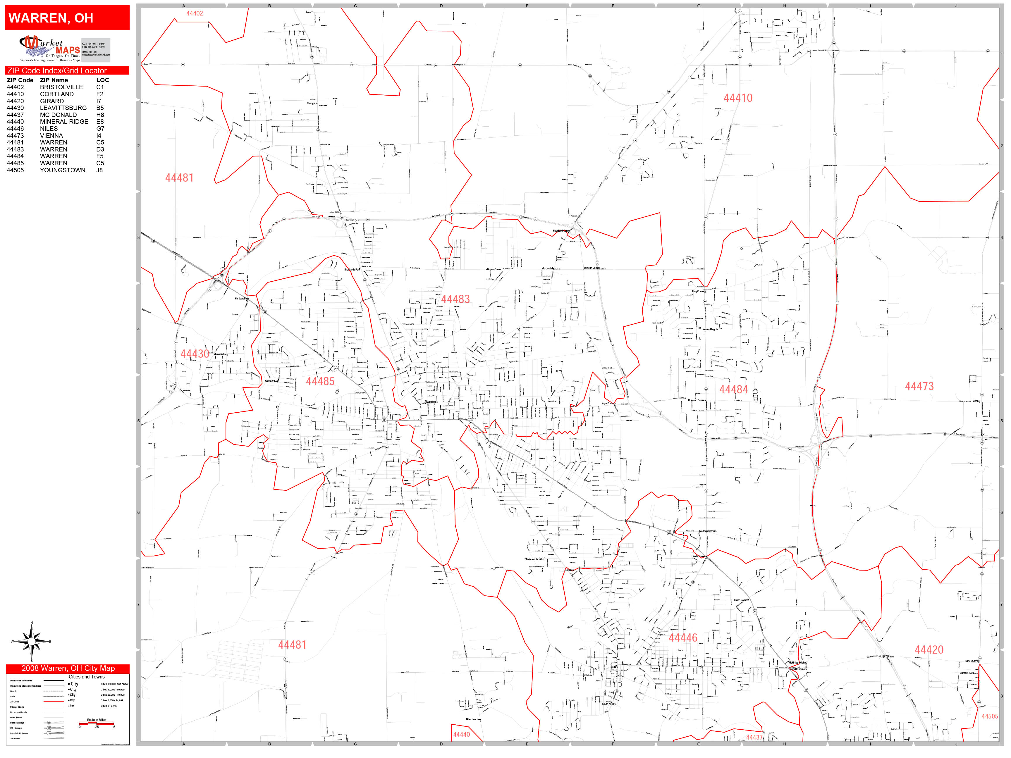 Warren Ohio Zip Code Wall Map (Red Line Style) by MarketMAPS - MapSales.com