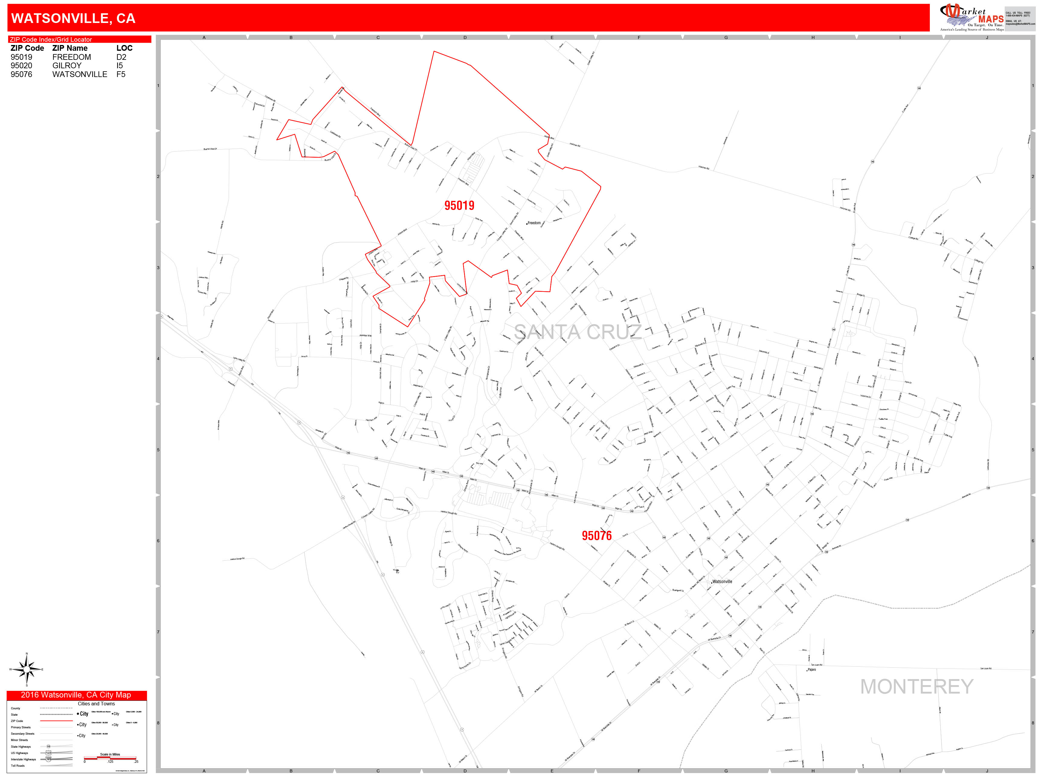 Watsonville California Zip Code Wall Map (Red Line Style) by MarketMAPS