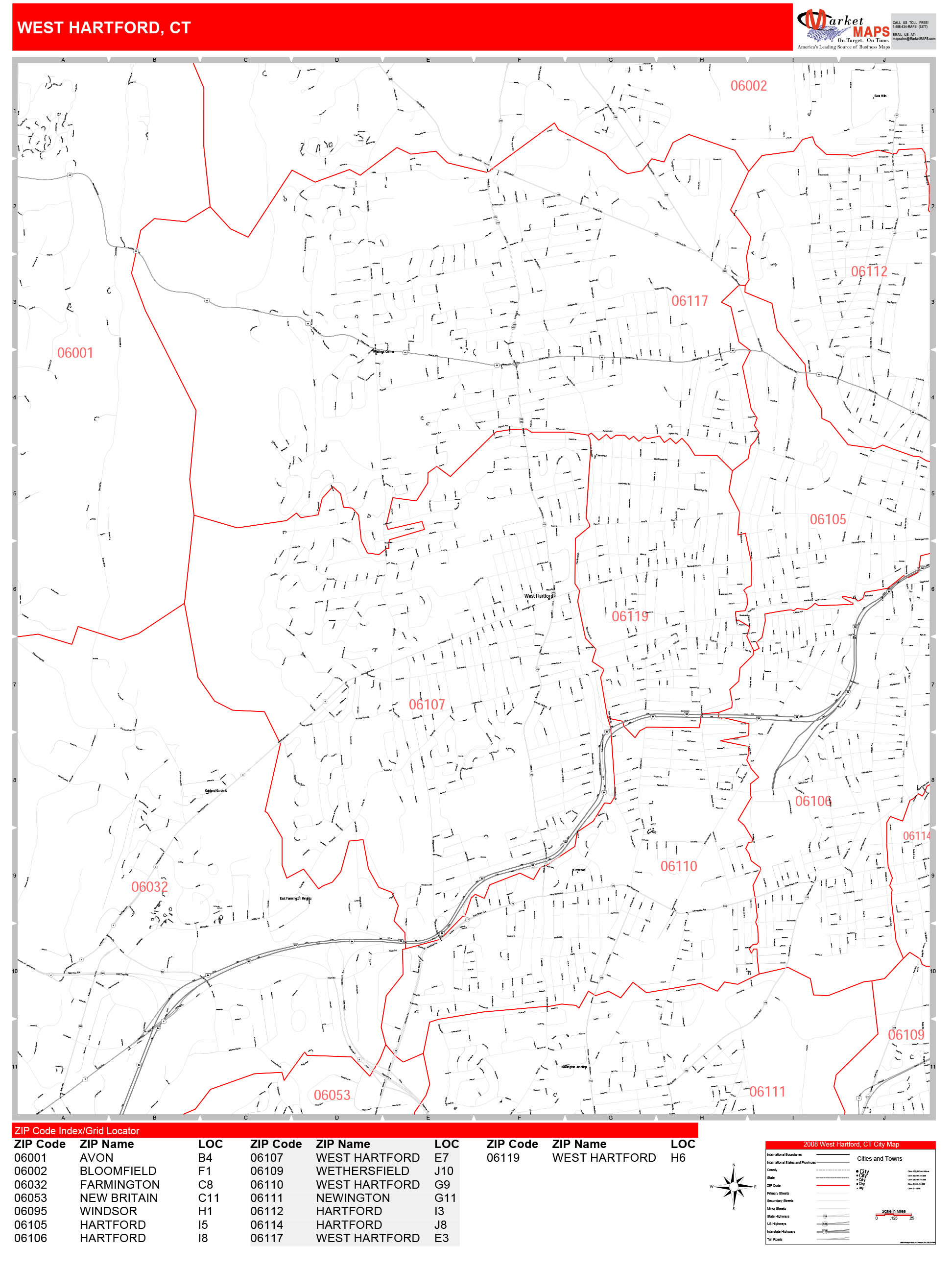 West Hartford Connecticut Zip Code Wall Map (Red Line Style) by MarketMAPS
