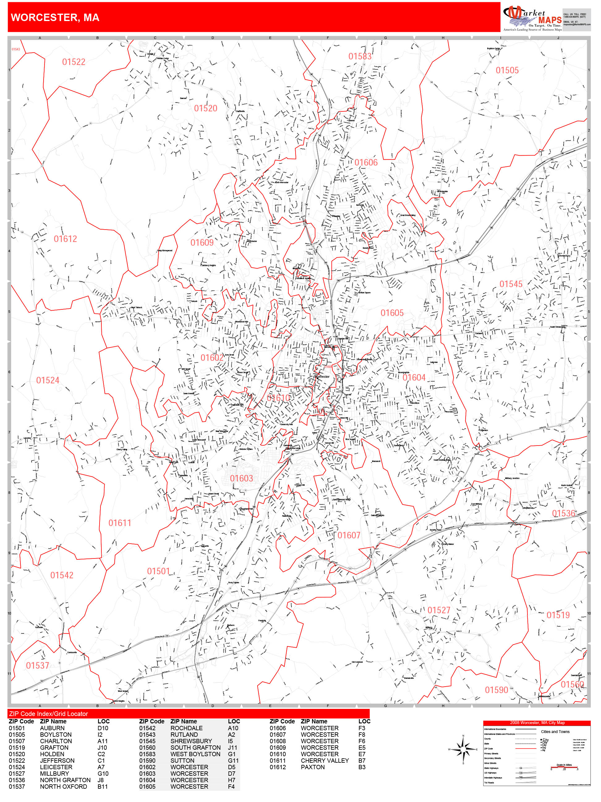 Worcester Massachusetts Zip Code Wall Map Red Line Style By