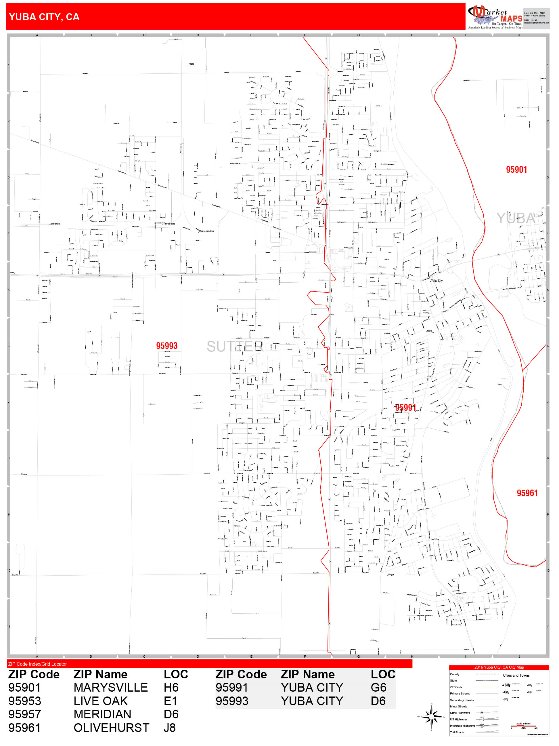 Yuba City California Zip Code Wall Map (Red Line Style) by MarketMAPS