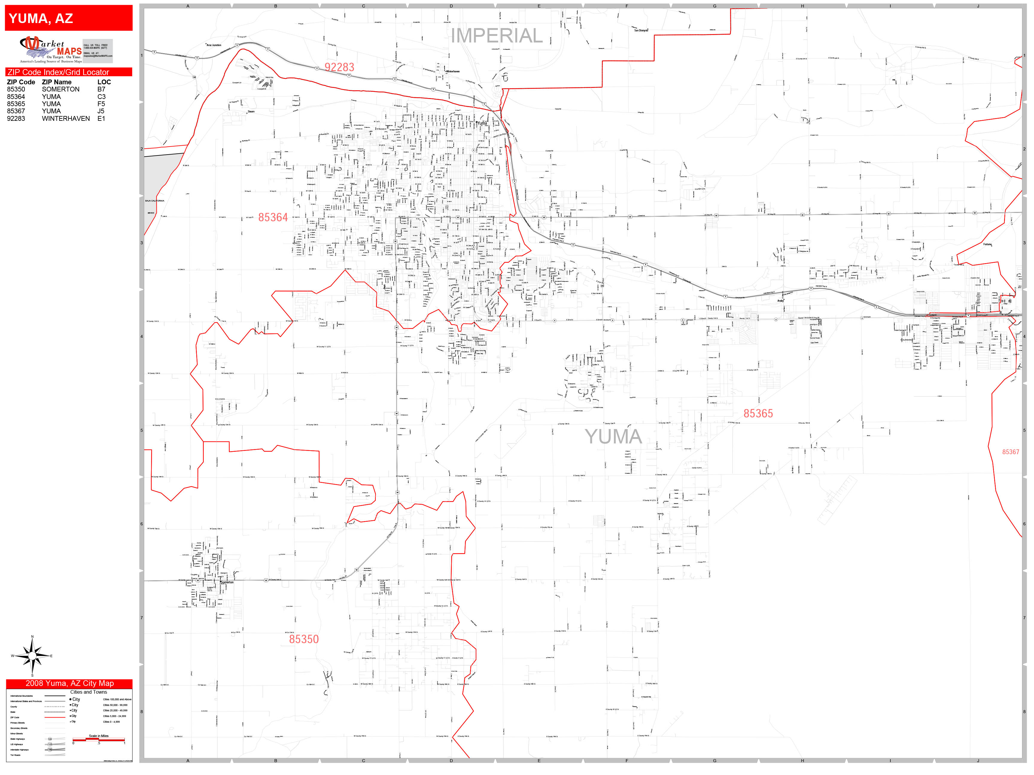Yuma Arizona Zip Code Wall Map (Red Line Style) by MarketMAPS - MapSales