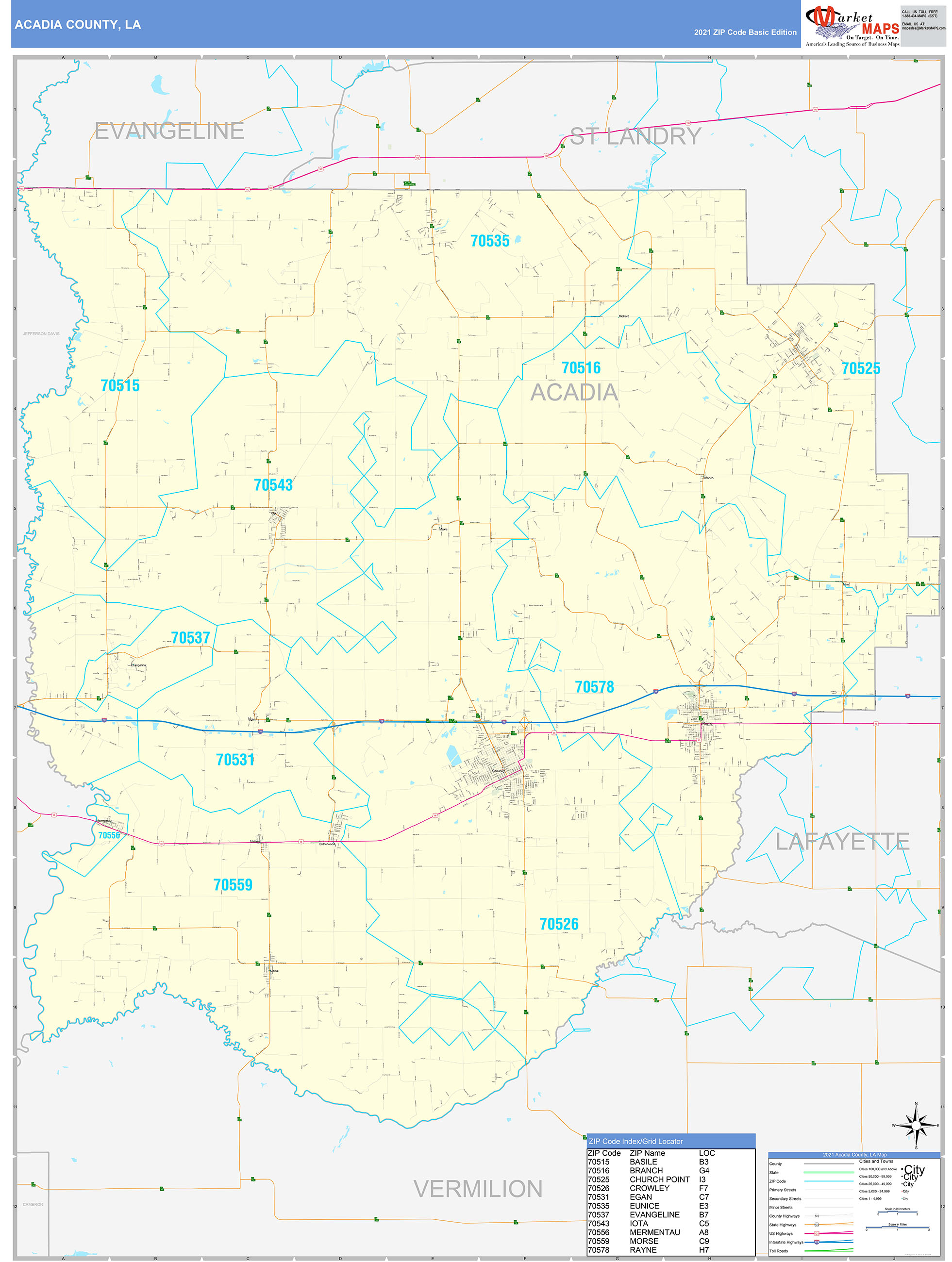 Acadia County, LA Zip Code Wall Map Basic Style by MarketMAPS MapSales