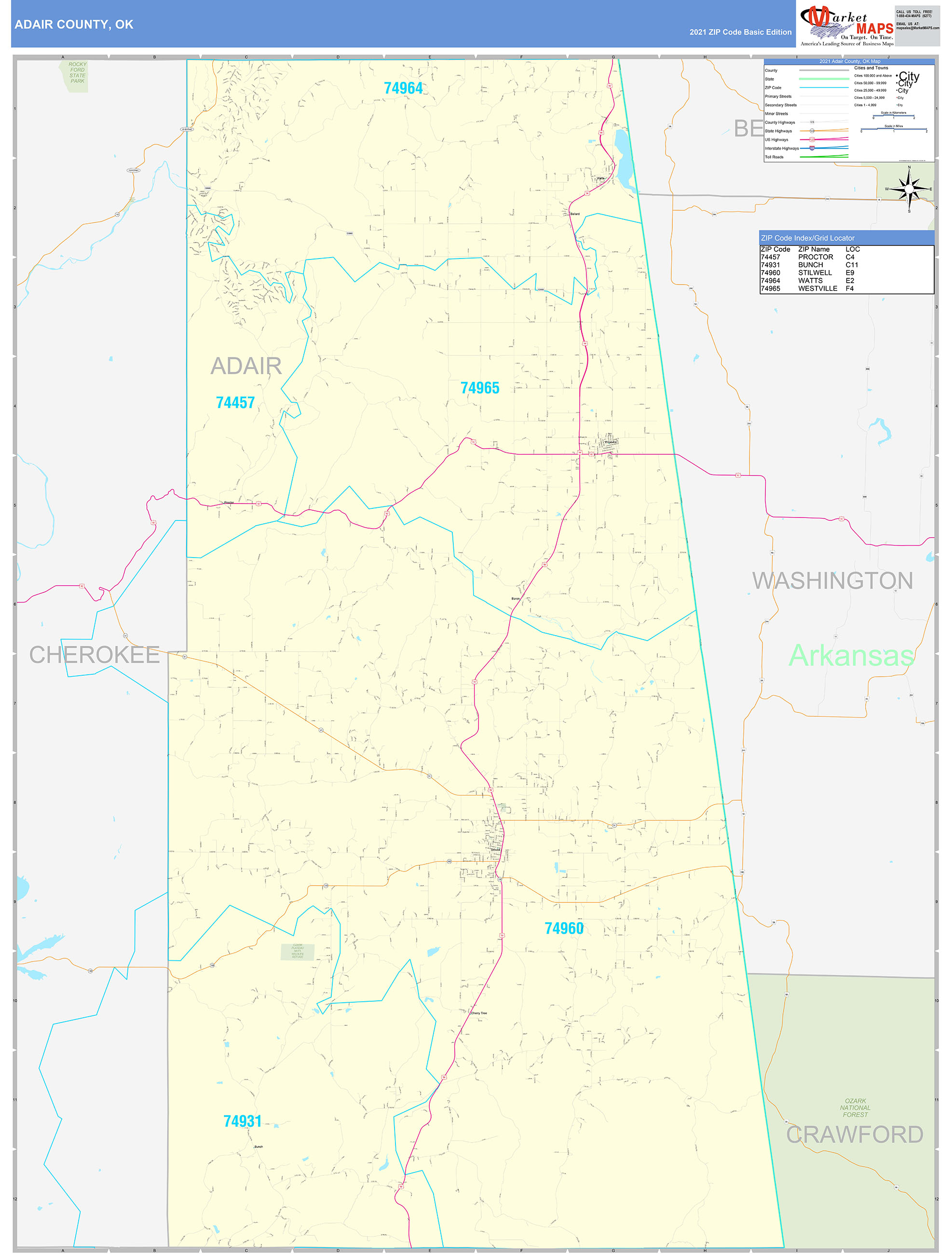 Adair County, OK Zip Code Wall Map Basic Style by MarketMAPS MapSales