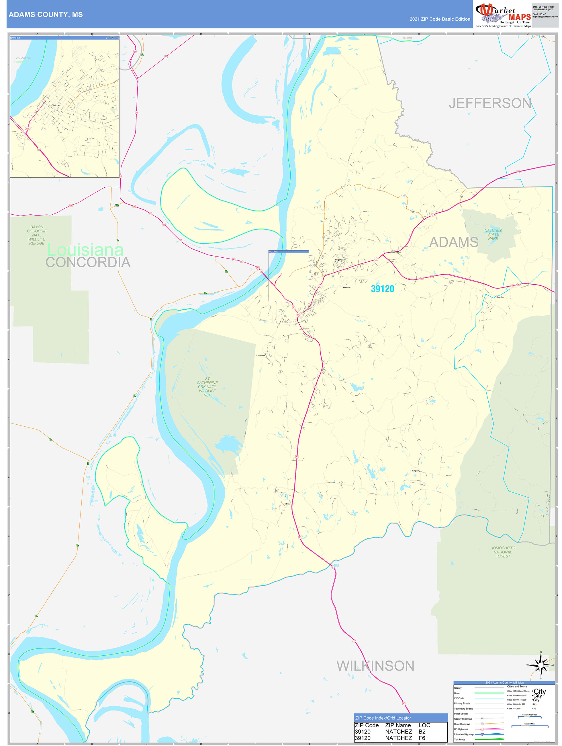 Adams County, MS Zip Code Wall Map Basic Style by MarketMAPS