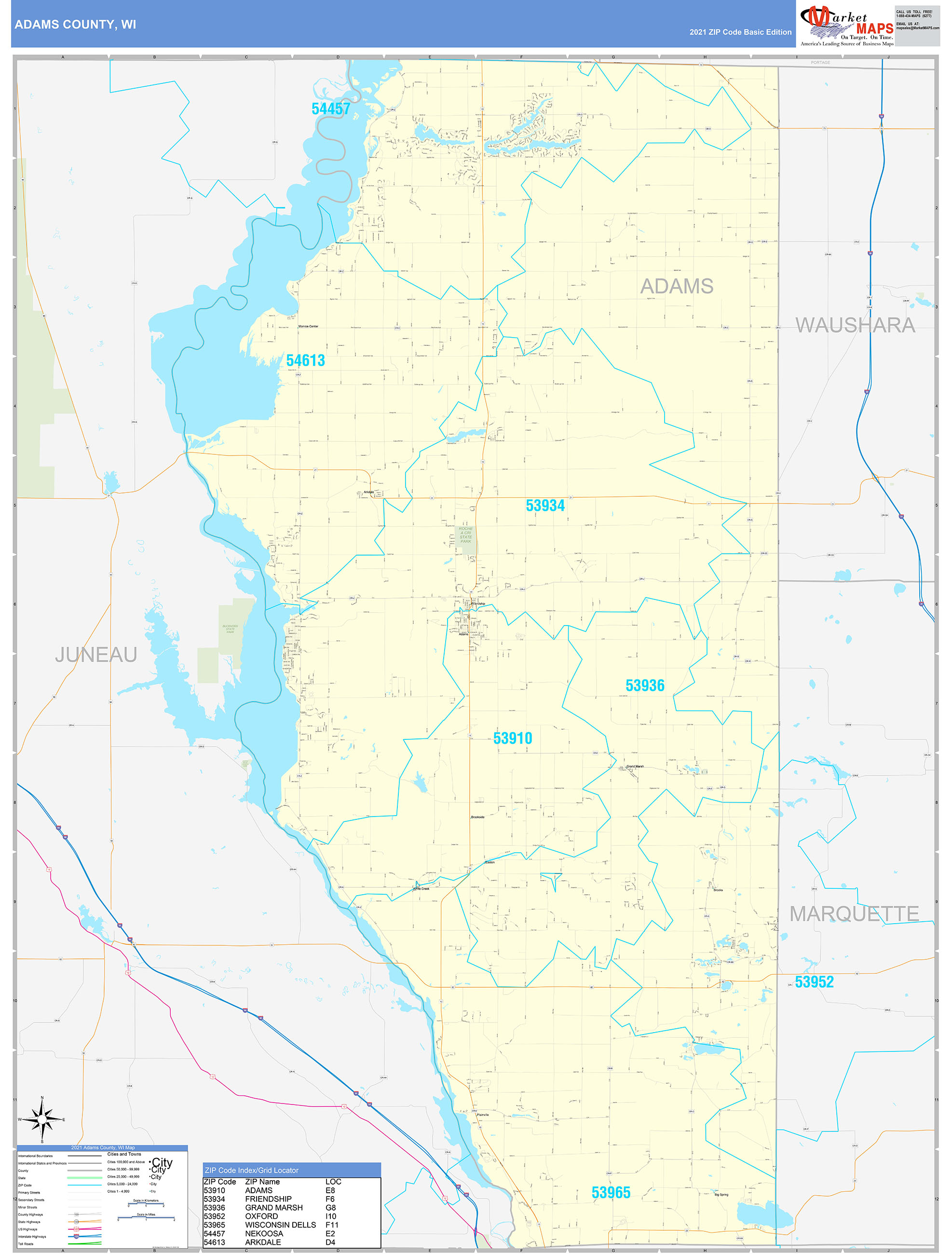 Adams County, WI Zip Code Wall Map Basic Style by MarketMAPS