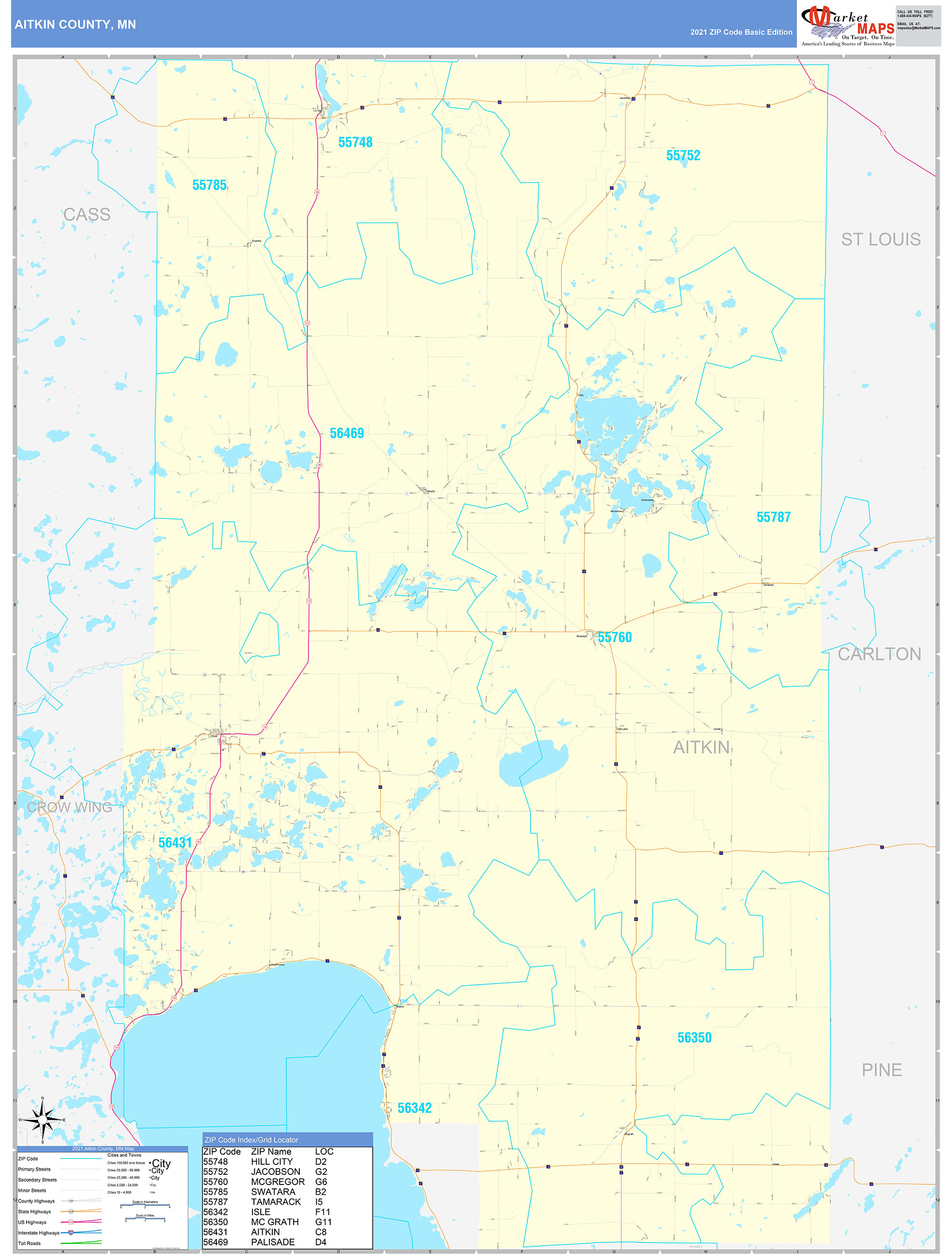 Aitkin County, MN Zip Code Wall Map Basic Style by MarketMAPS