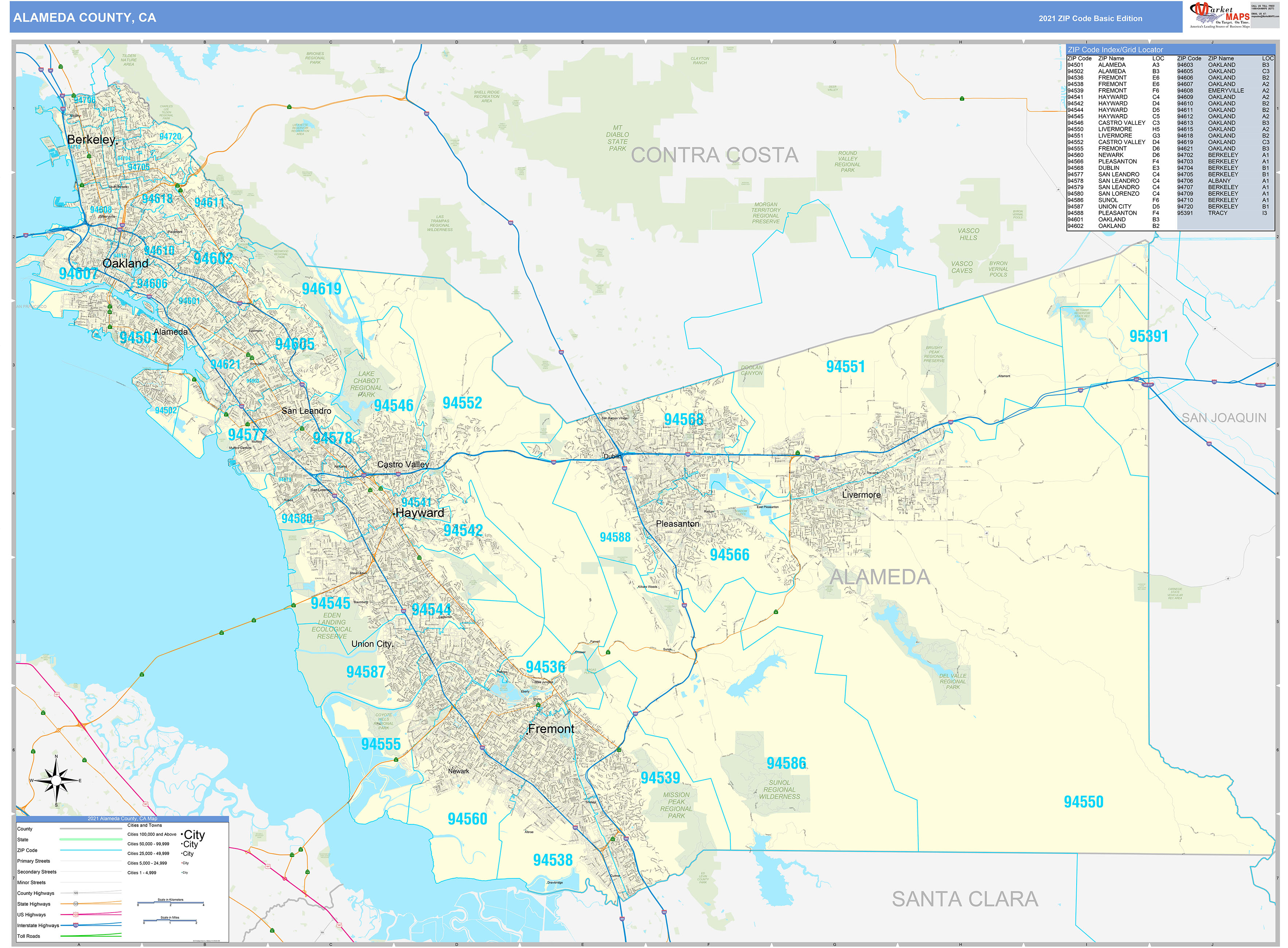 Alameda County, CA Zip Code Wall Map Basic Style by MarketMAPS  MapSales