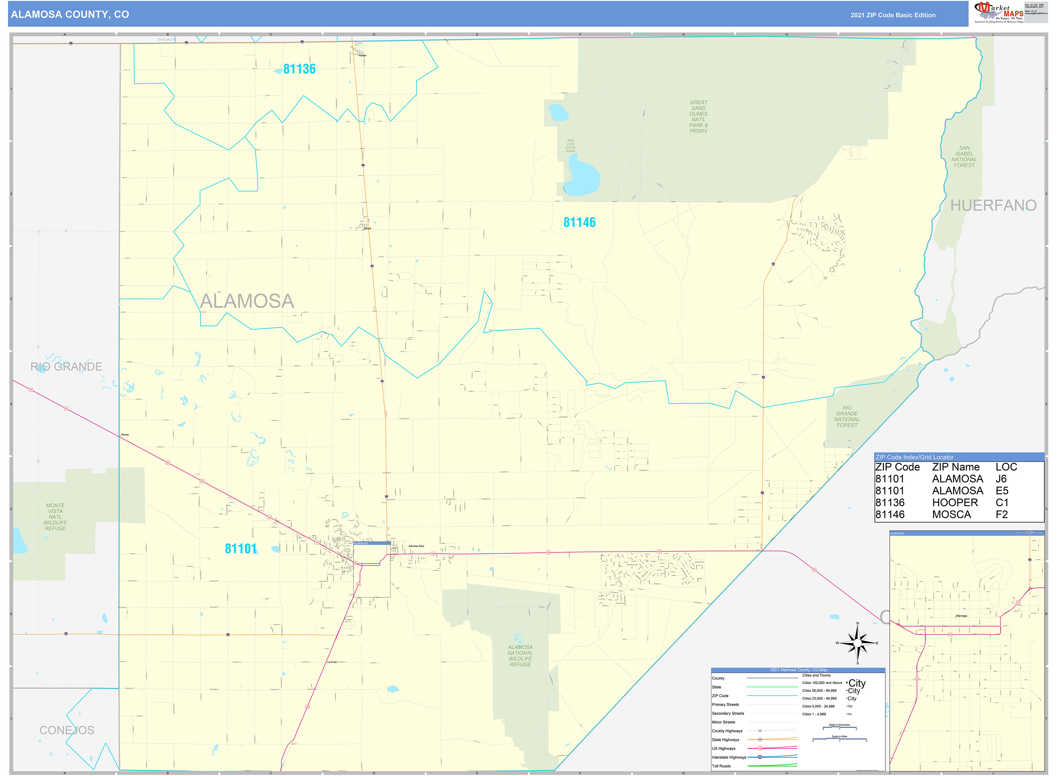Alamosa County, CO Zip Code Wall Map Basic Style by MarketMAPS MapSales