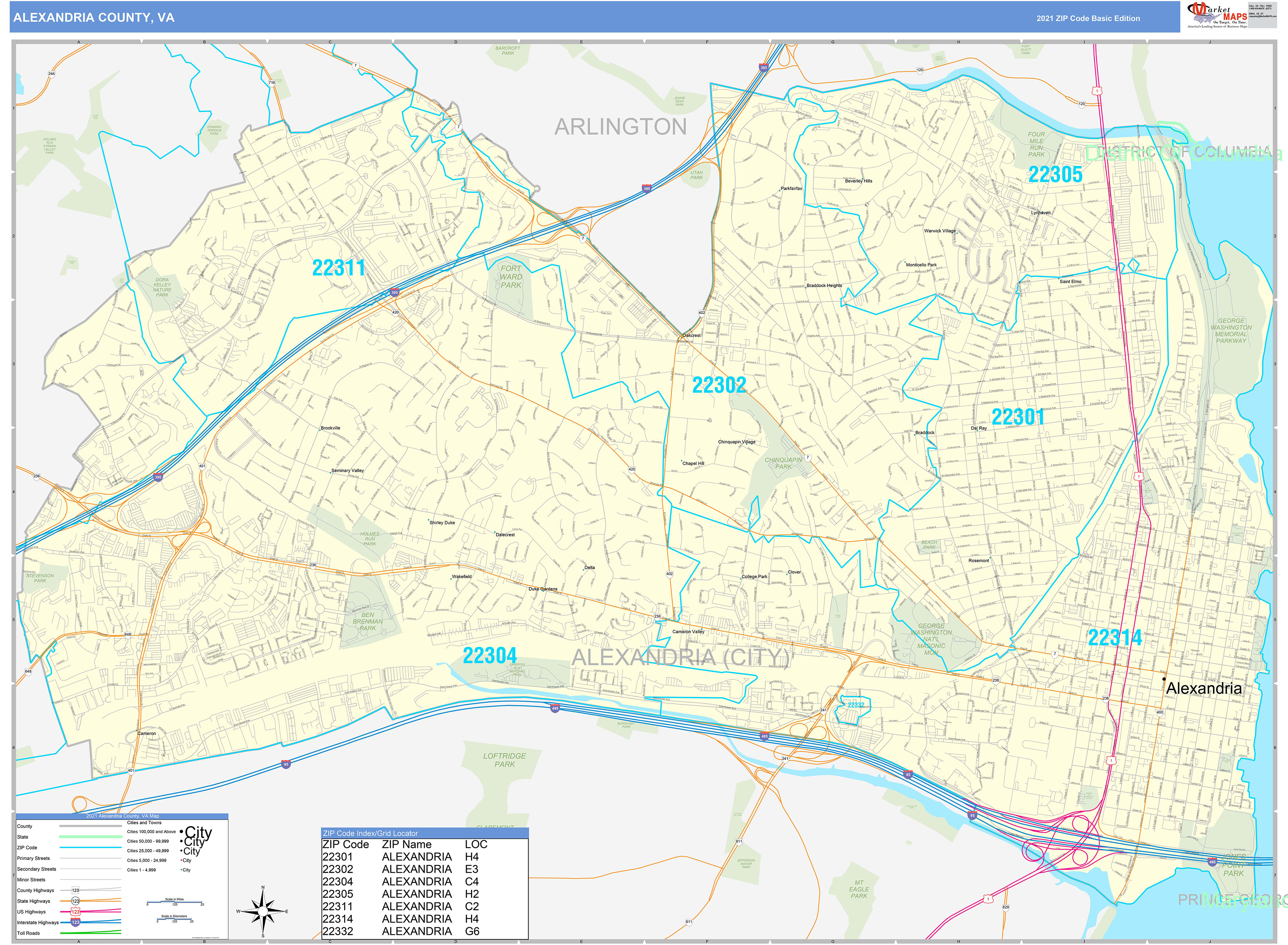 Alexandria County, VA Zip Code Wall Map Basic Style by MarketMAPS