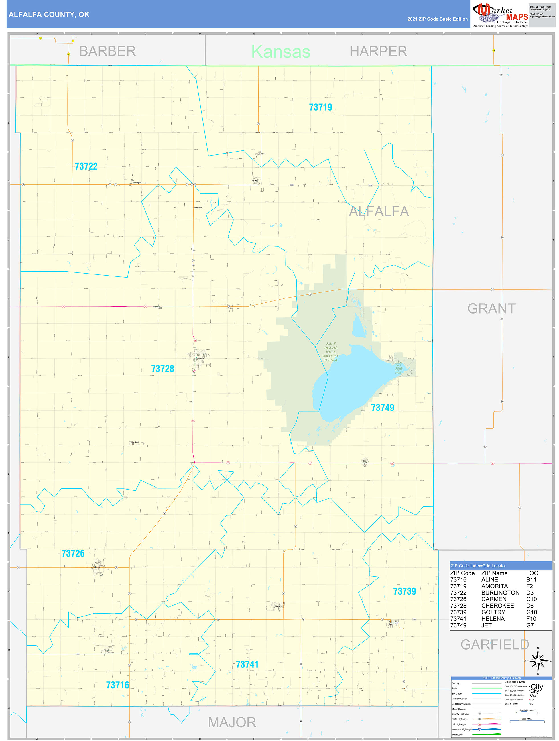 Alfalfa County, OK Zip Code Wall Map Basic Style by MarketMAPS MapSales