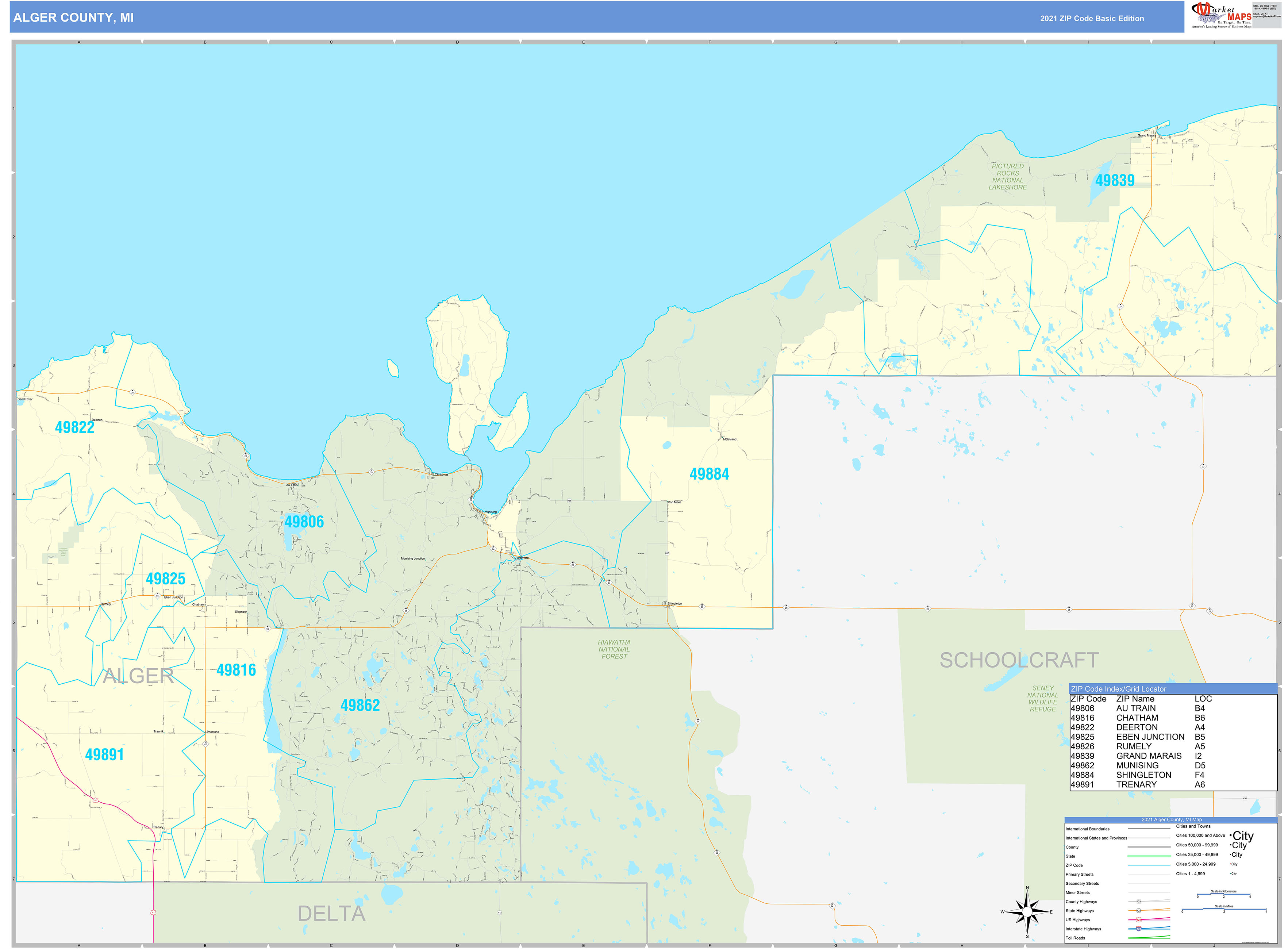 Alger County, MI Zip Code Wall Map Basic Style by MarketMAPS