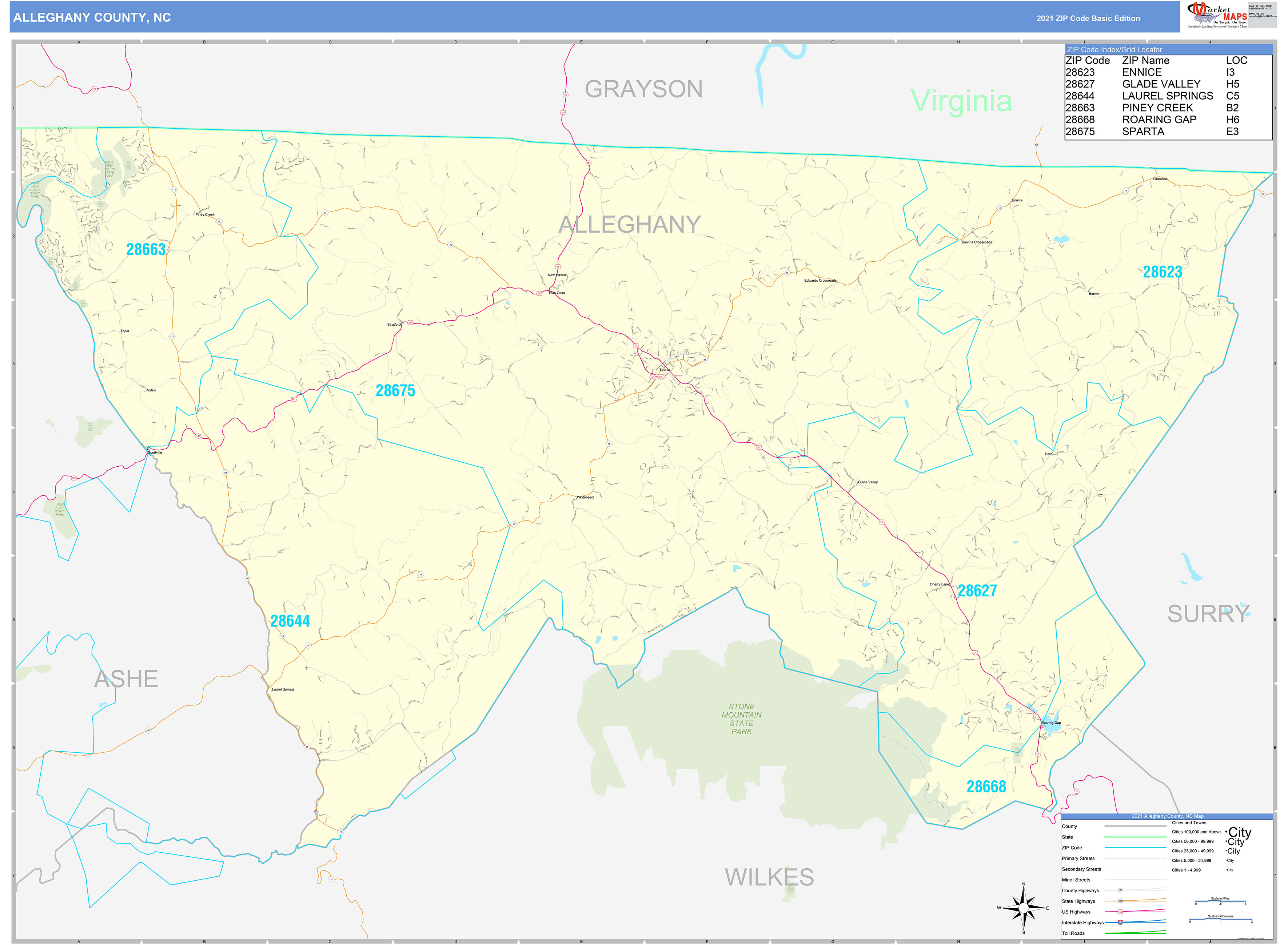 Alleghany County, NC Zip Code Wall Map Basic Style by MarketMAPS