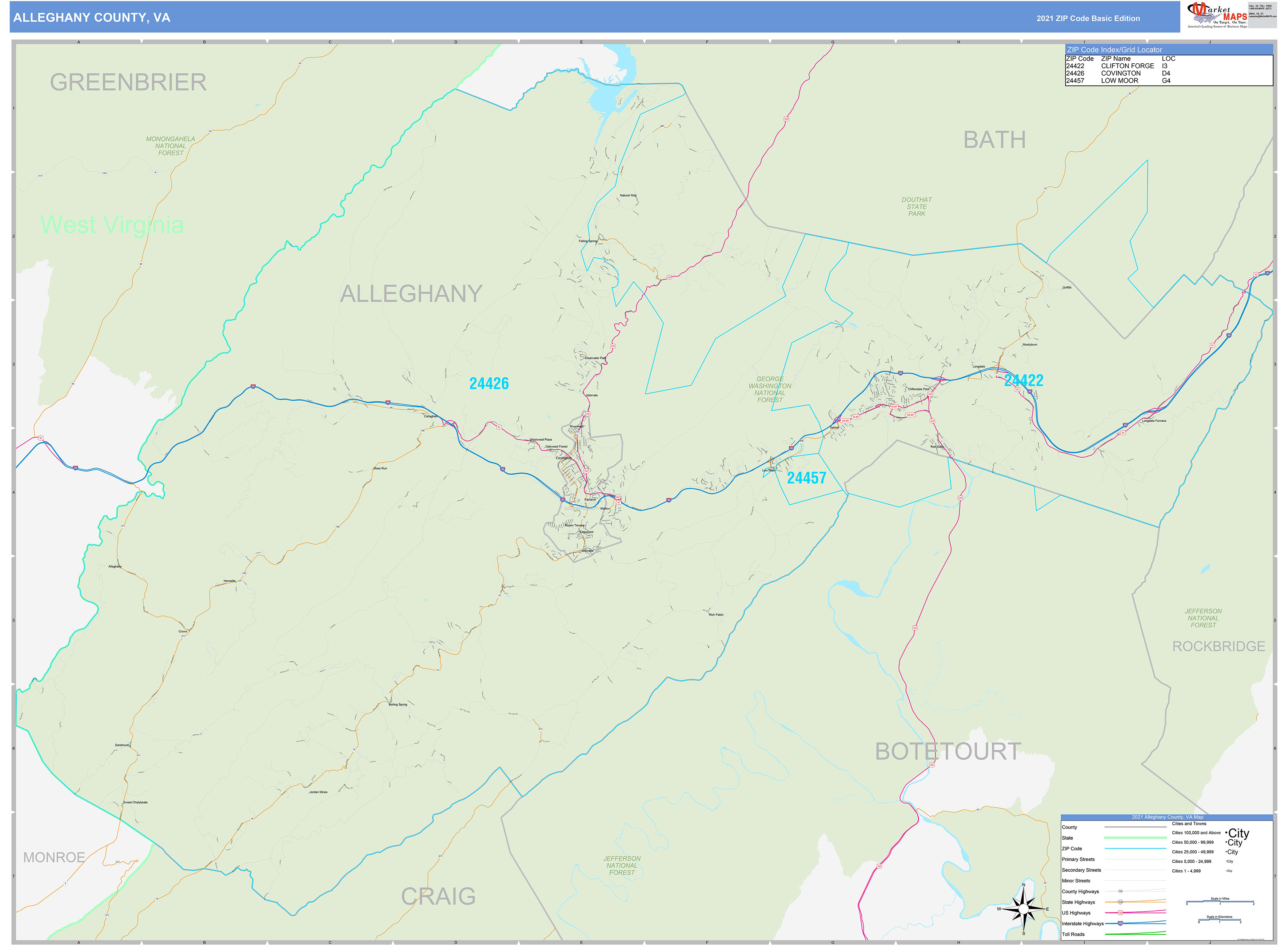Alleghany County, VA Zip Code Wall Map Basic Style by MarketMAPS