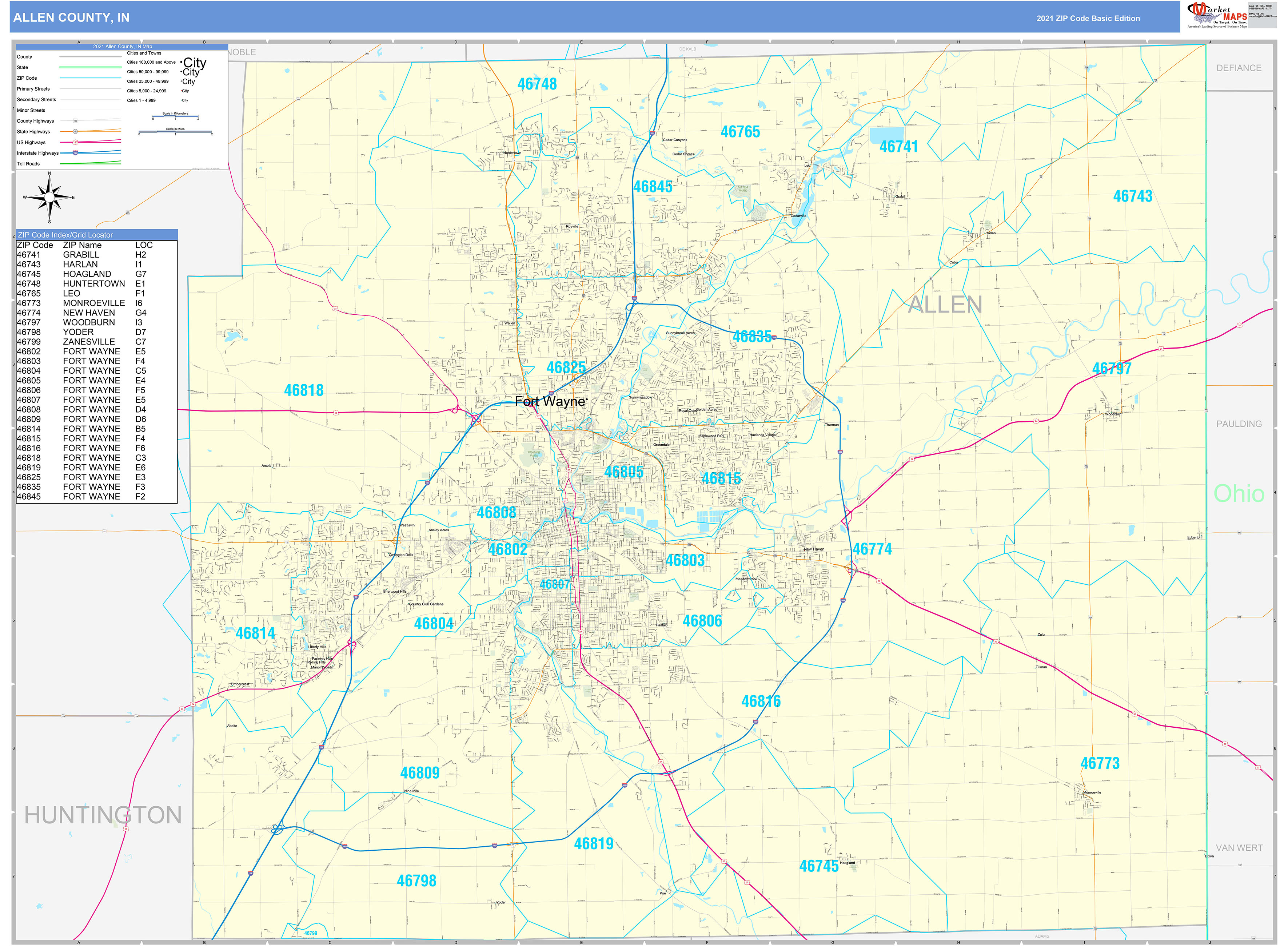 Allen County, IN Zip Code Wall Map Basic Style by MarketMAPS MapSales