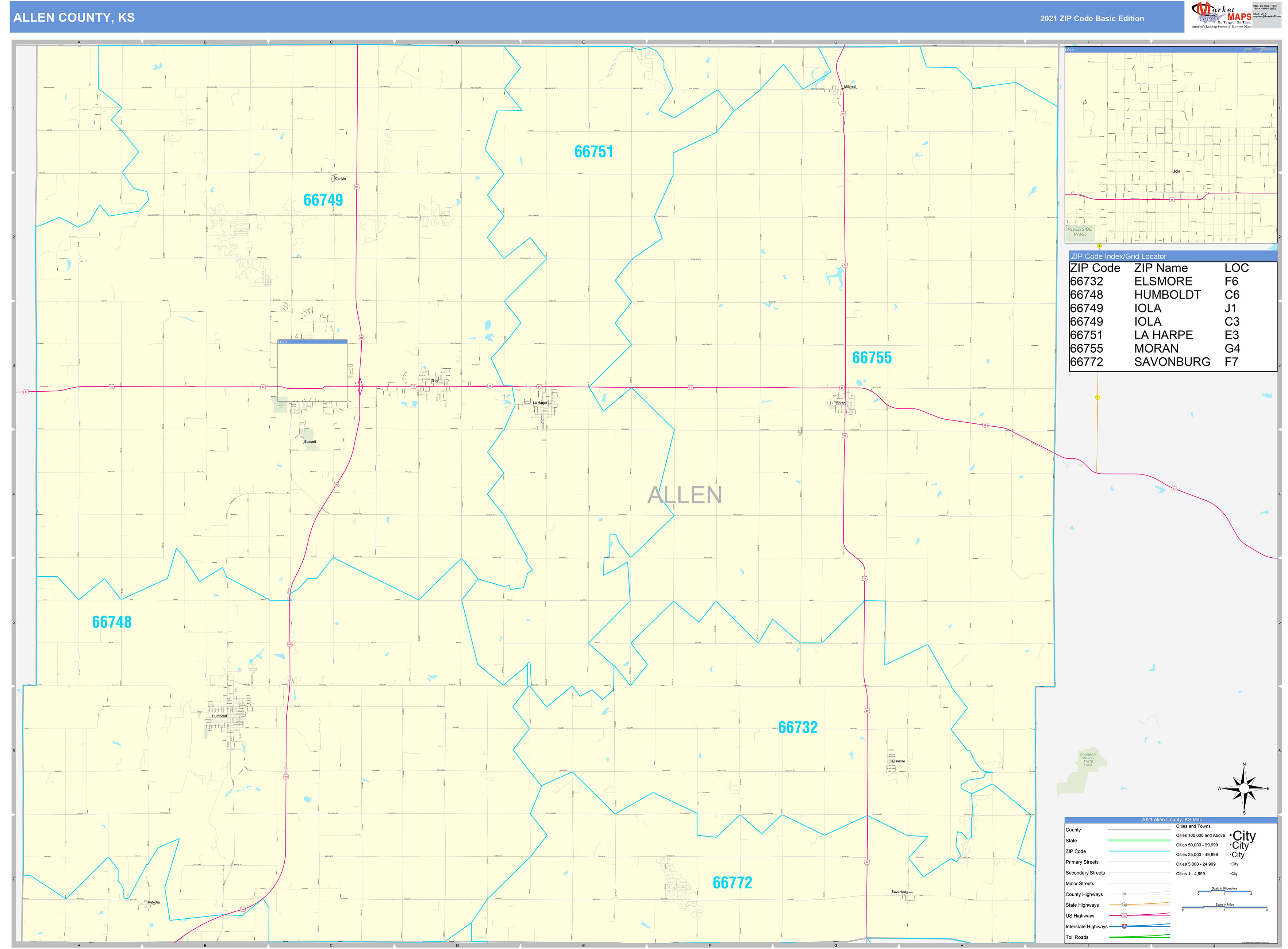 Allen County, KS Zip Code Wall Map Basic Style by MarketMAPS MapSales