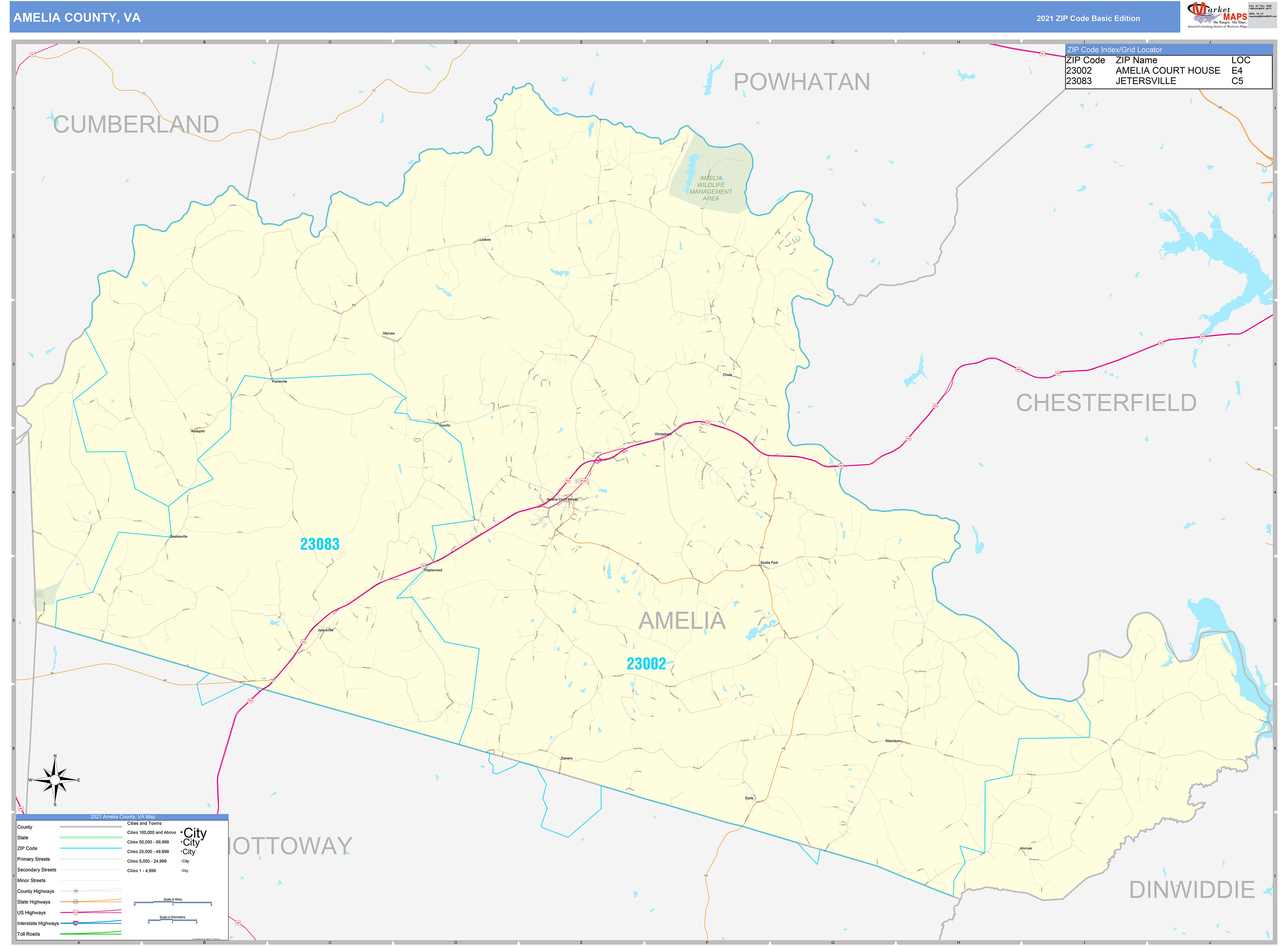 Amelia County, VA Zip Code Wall Map Basic Style by MarketMAPS MapSales
