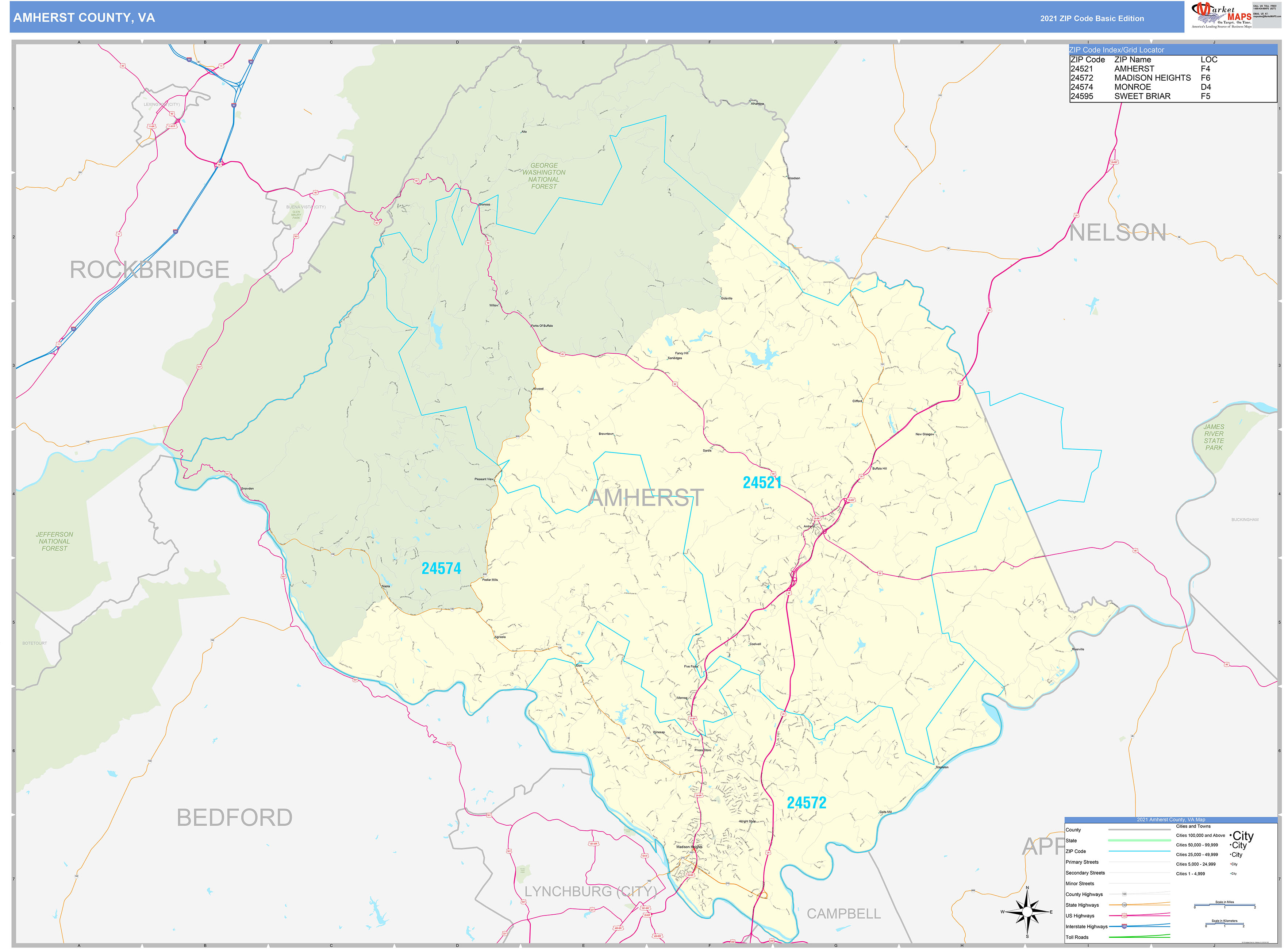 Amherst County, VA Zip Code Wall Map Basic Style by MarketMAPS
