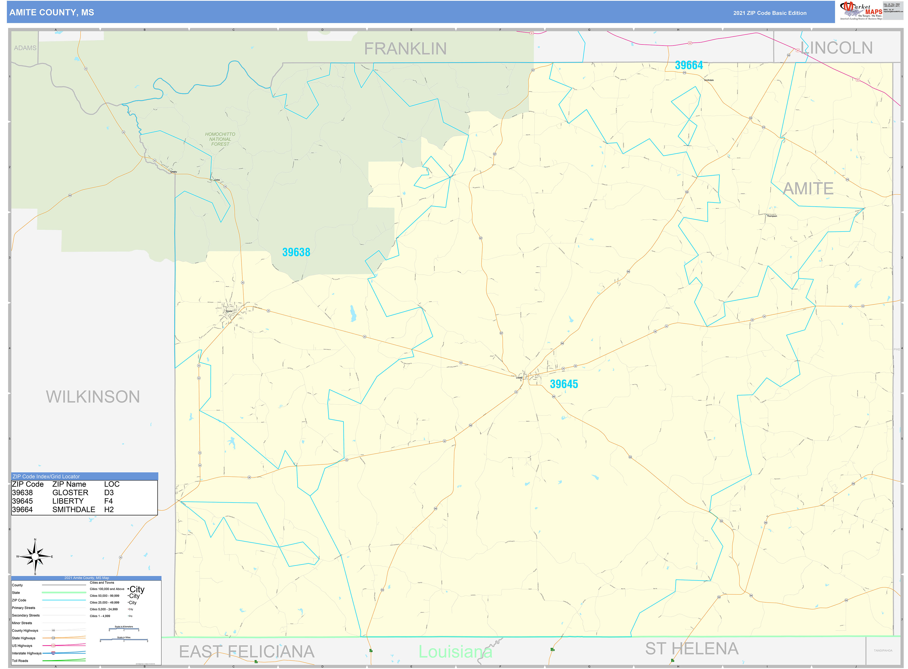 Amite County, MS Zip Code Wall Map Basic Style by MarketMAPS MapSales