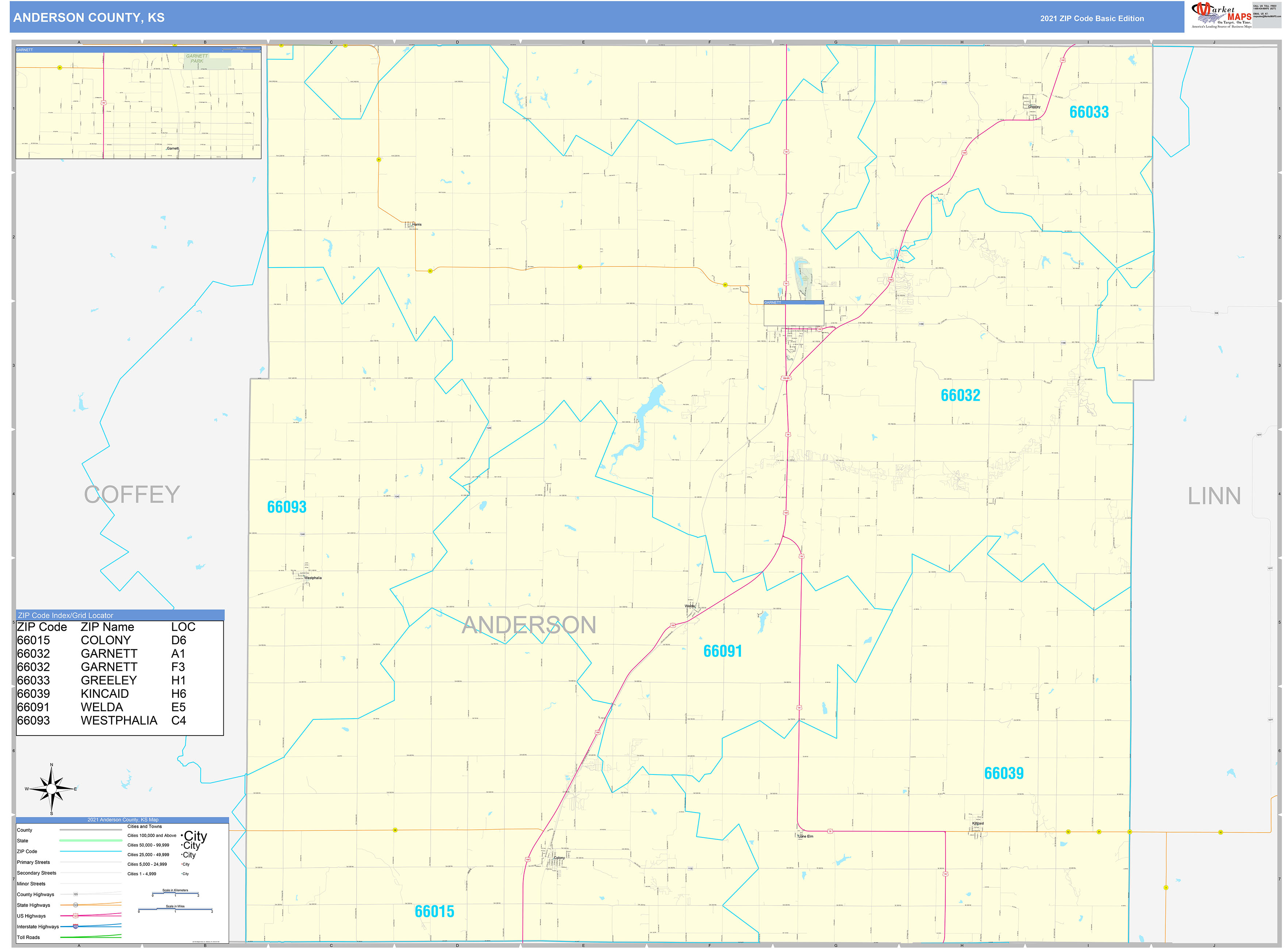 Anderson County, KS Zip Code Wall Map Basic Style by MarketMAPS