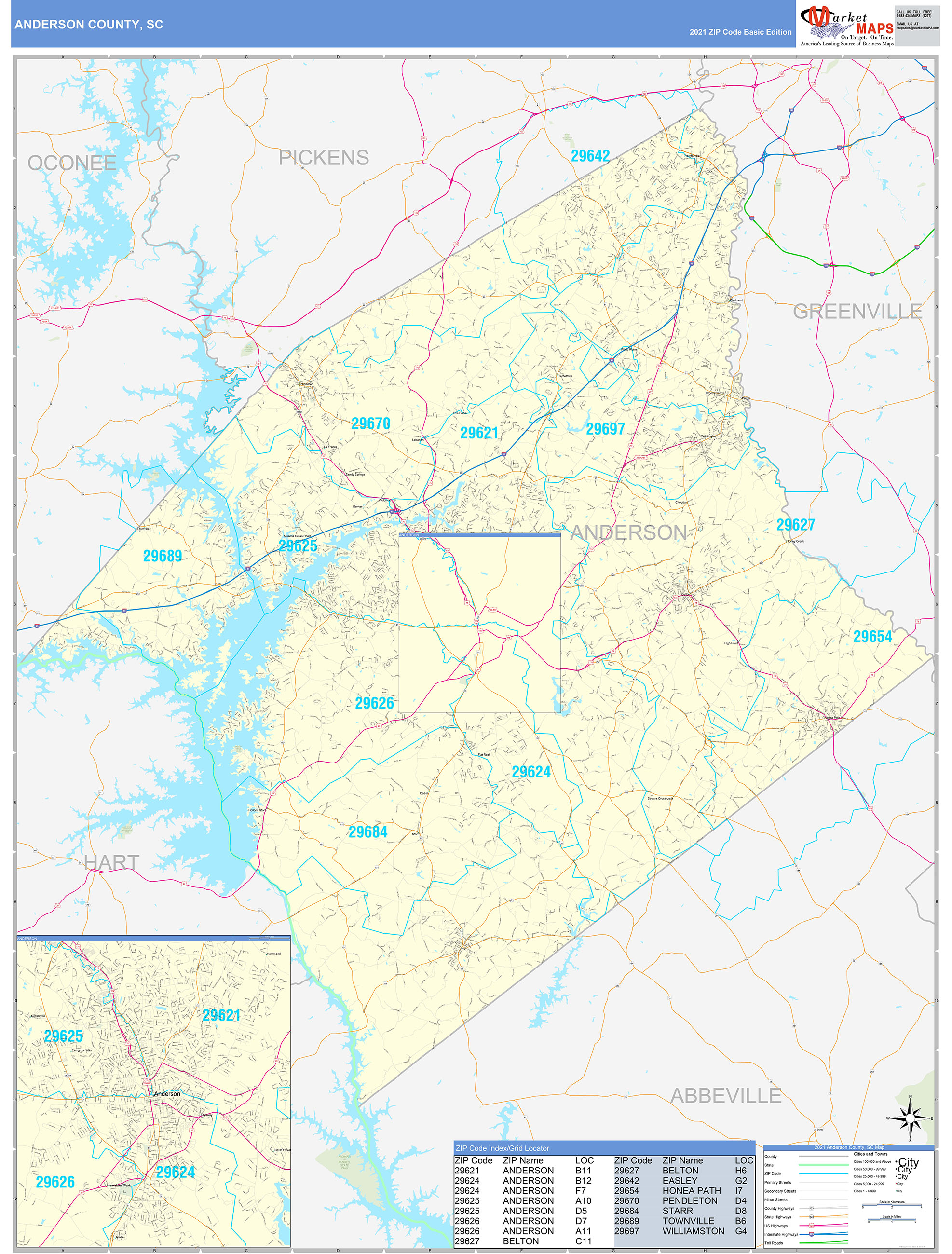 Anderson County, SC Zip Code Wall Map Basic Style by MarketMAPS MapSales