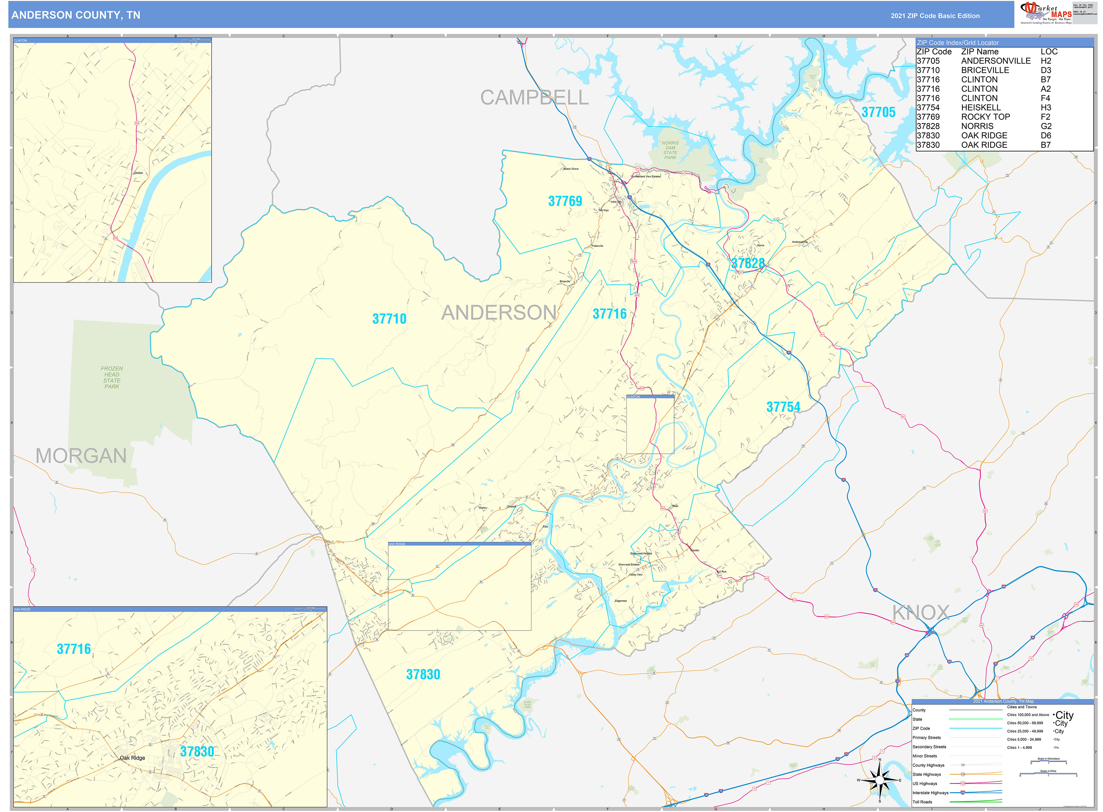 Anderson County, TN Zip Code Wall Map Basic Style by MarketMAPS MapSales