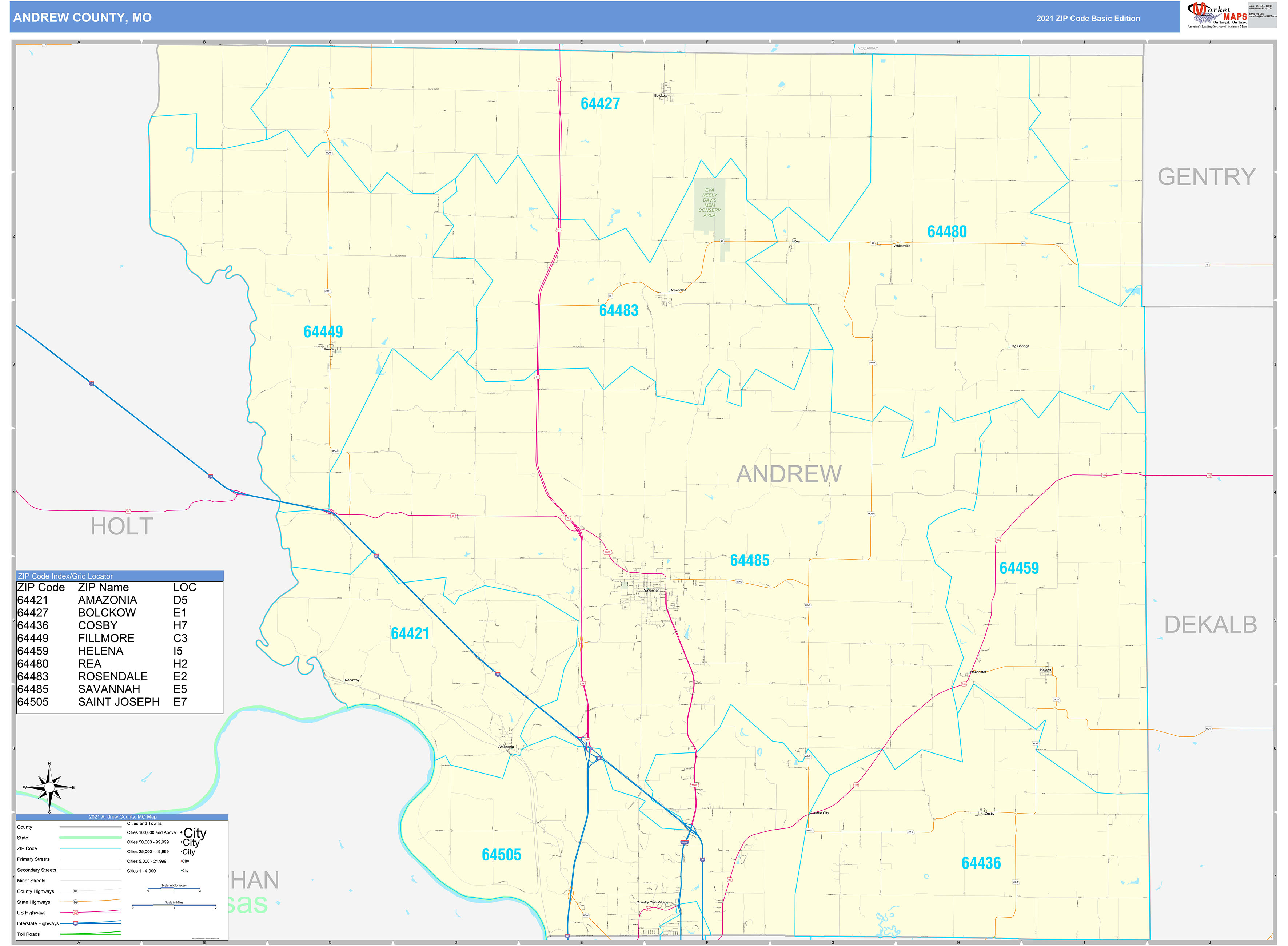 Andrew County, MO Zip Code Wall Map Basic Style by MarketMAPS