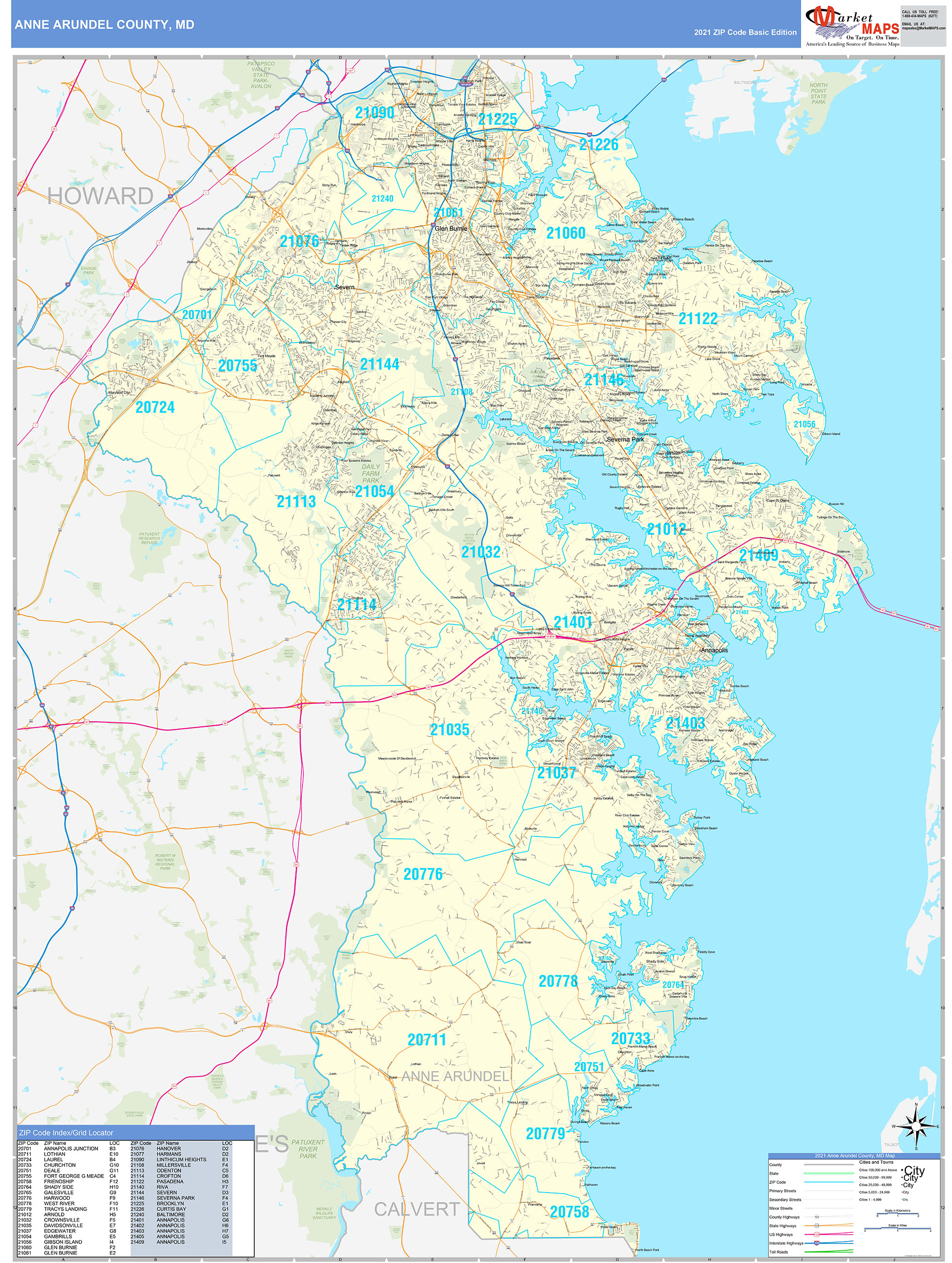 anne-arundel-county-md-zip-code-wall-map-basic-style-by-marketmaps