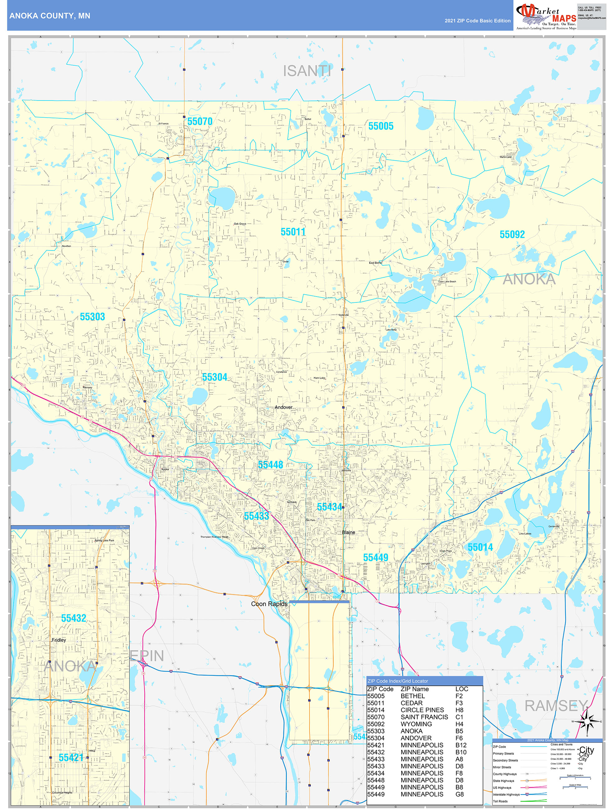 Anoka County, MN Zip Code Wall Map Basic Style by MarketMAPS MapSales
