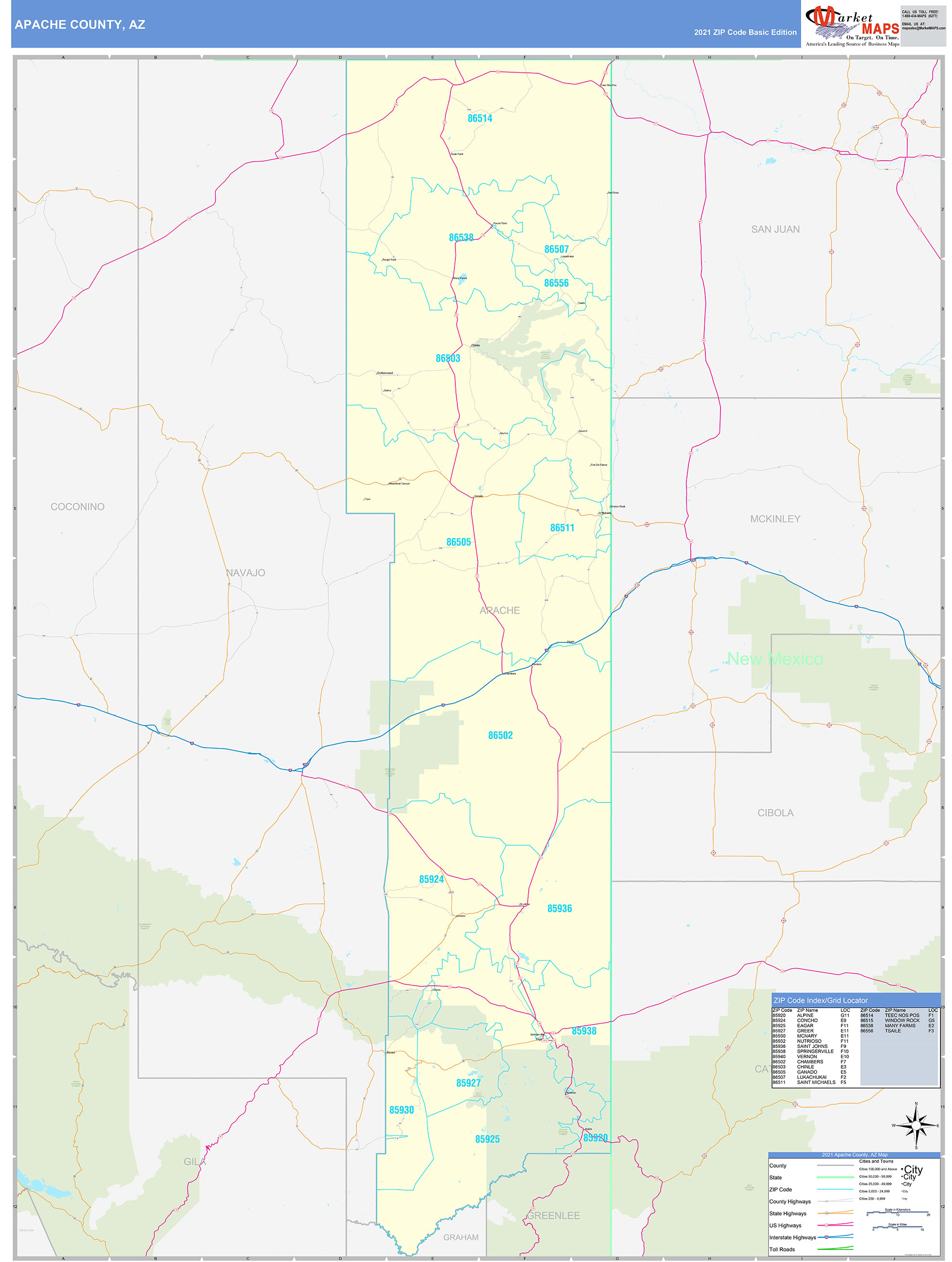 Apache County, AZ Zip Code Wall Map Basic Style by MarketMAPS - MapSales