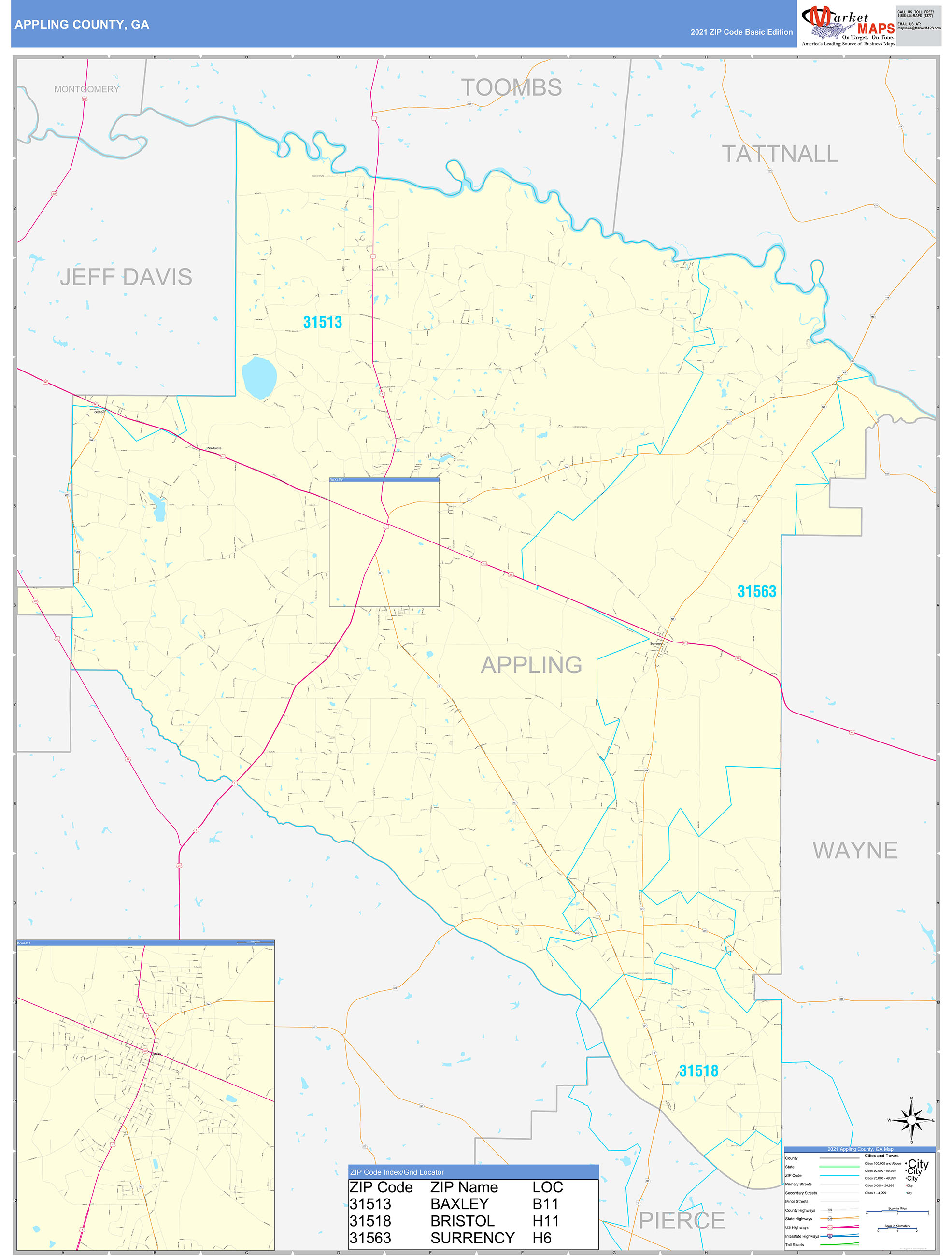 Appling County, GA Zip Code Wall Map Basic Style by MarketMAPS MapSales