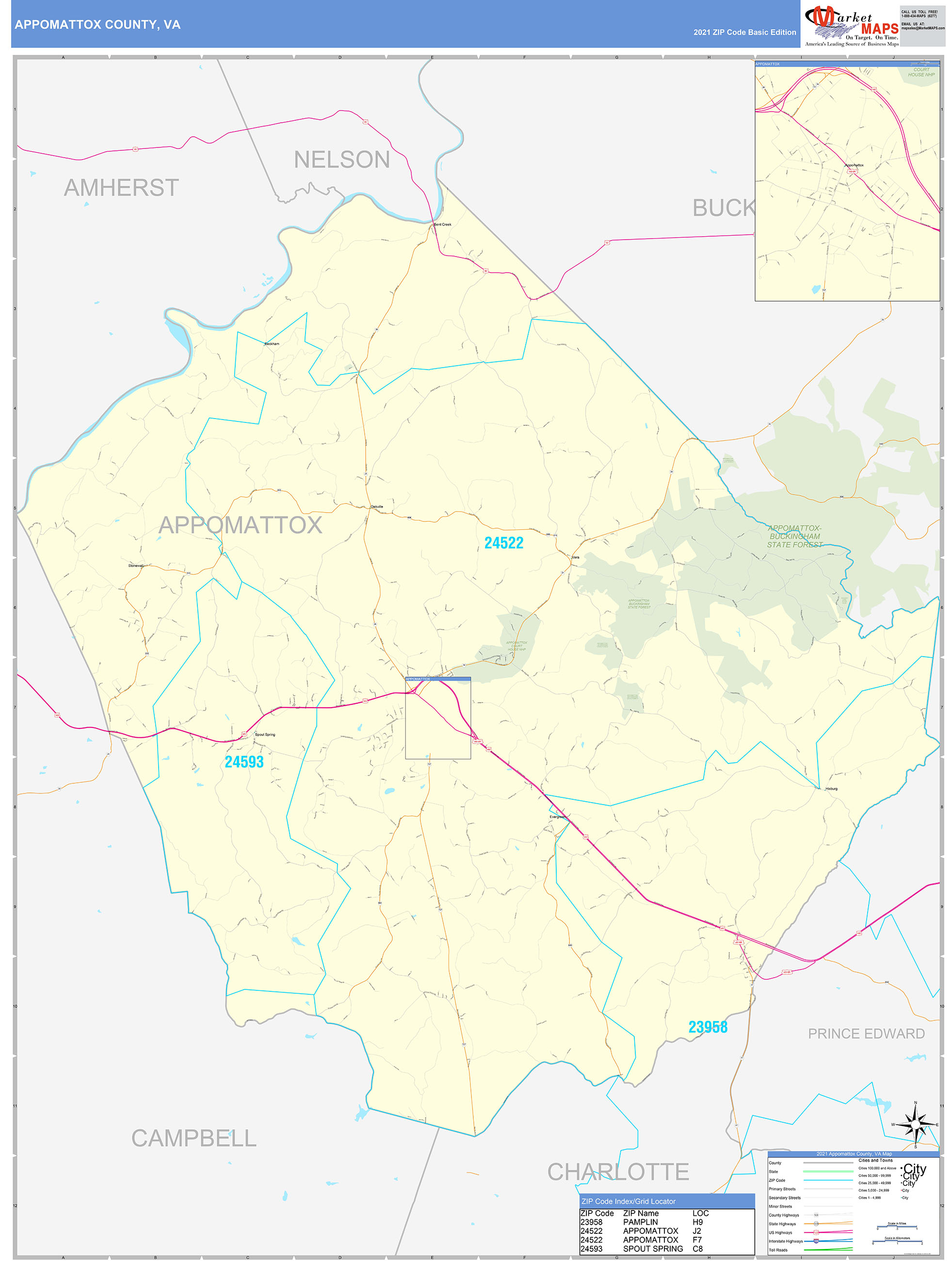 Appomattox County, VA Zip Code Wall Map Basic Style by MarketMAPS