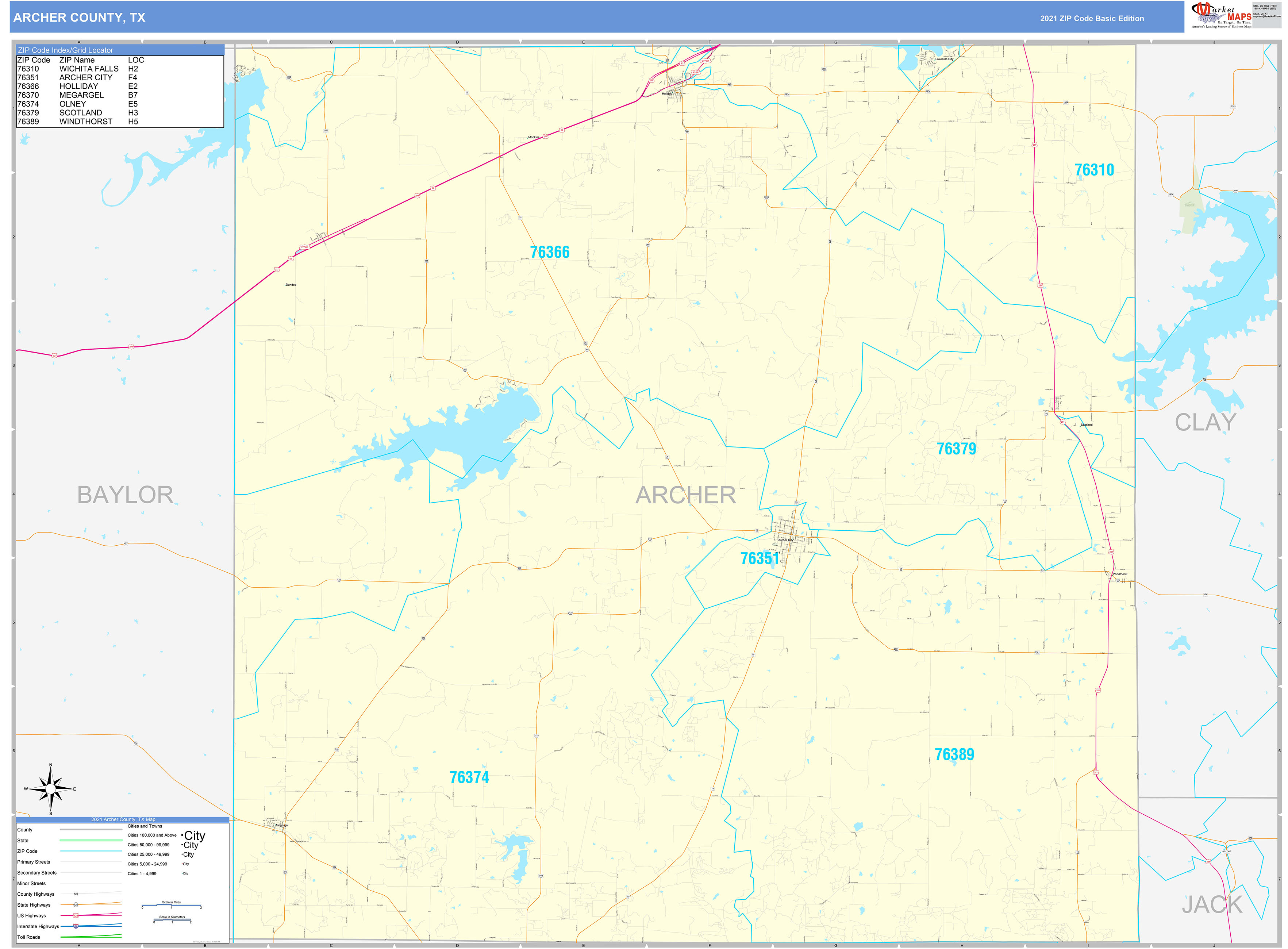 Archer County, TX Zip Code Wall Map Basic Style by MarketMAPS MapSales