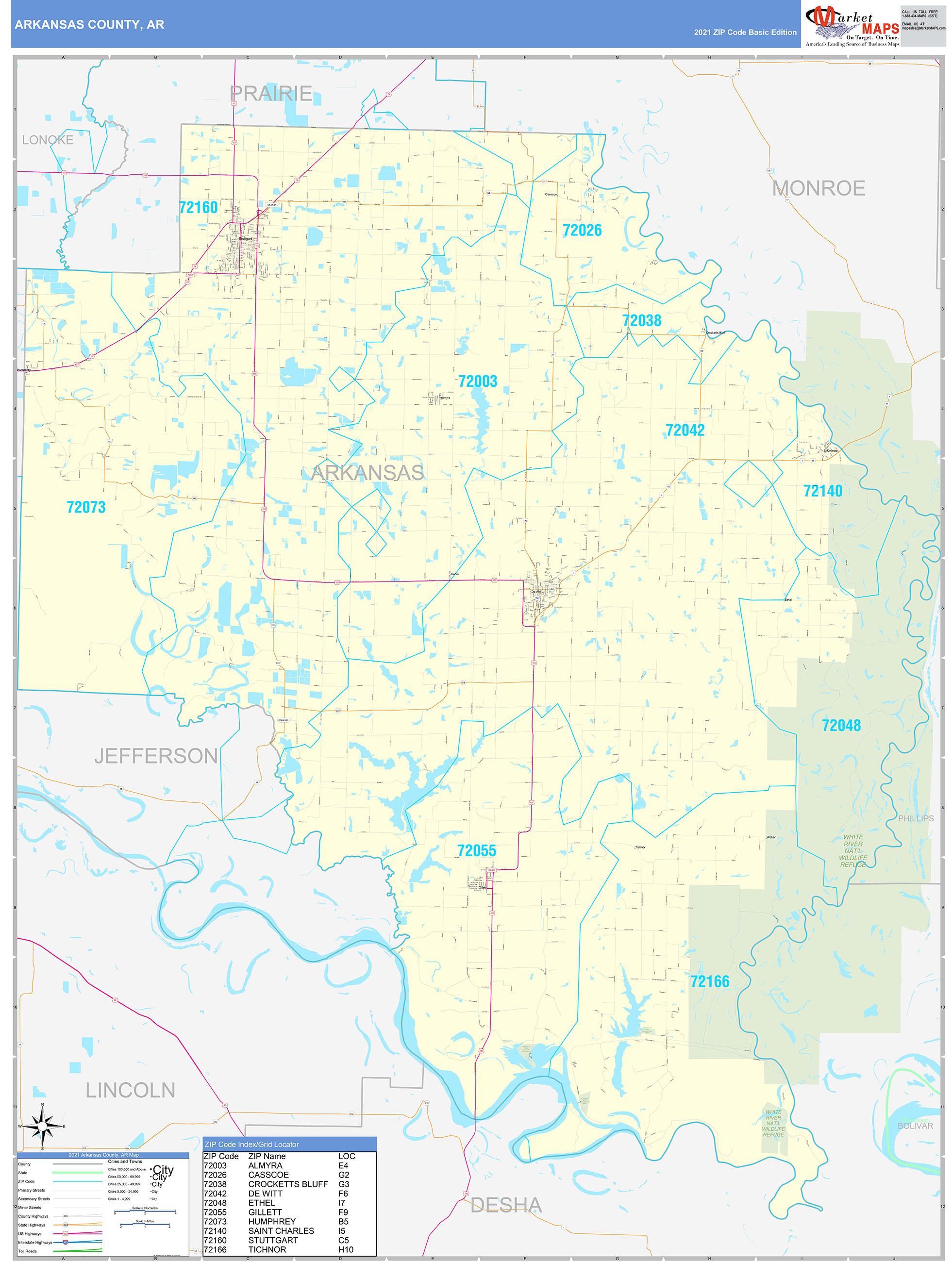 Arkansas County, AR Zip Code Wall Map Basic Style by MarketMAPS