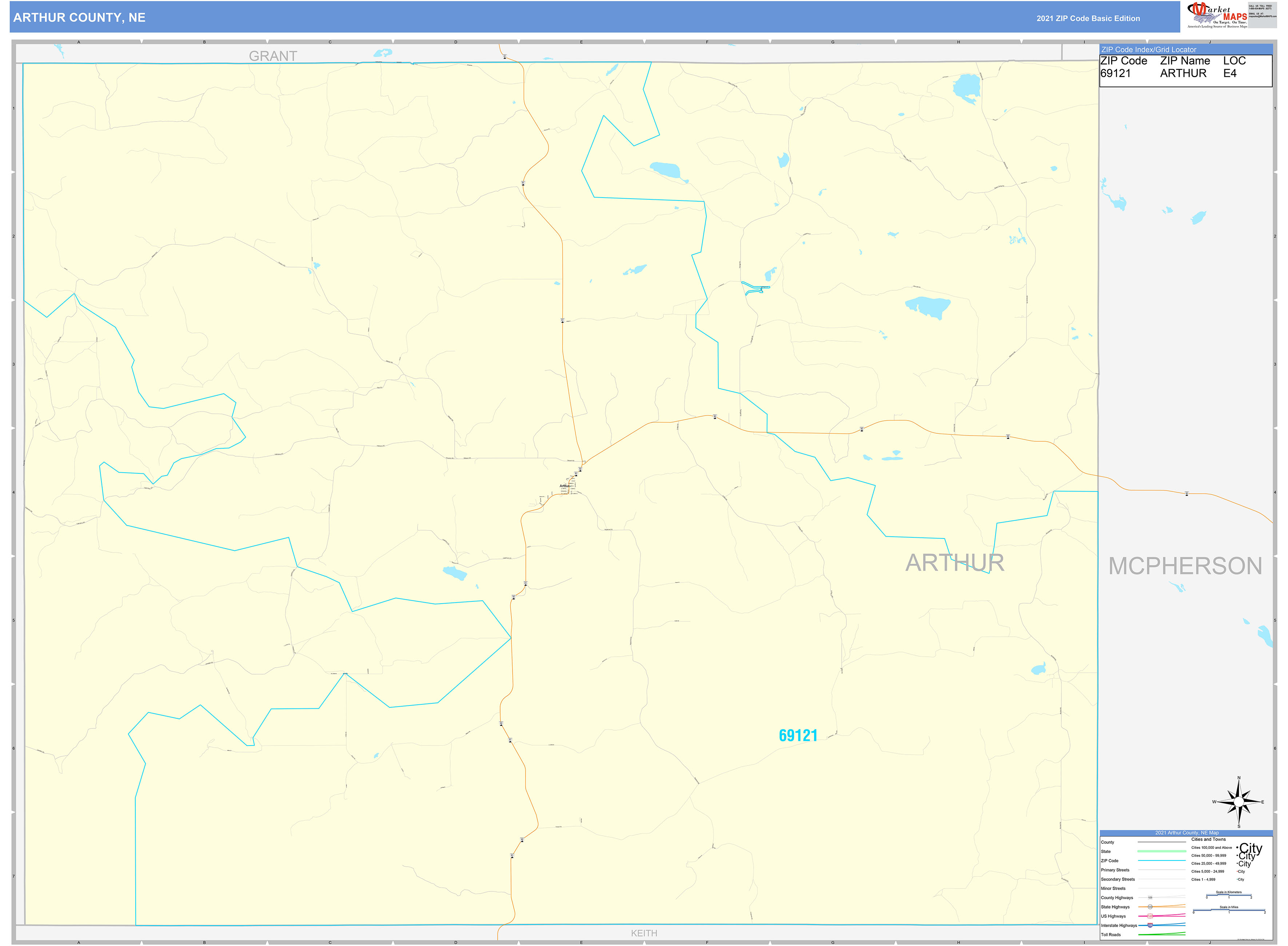 Arthur County, NE Zip Code Wall Map Basic Style by MarketMAPS