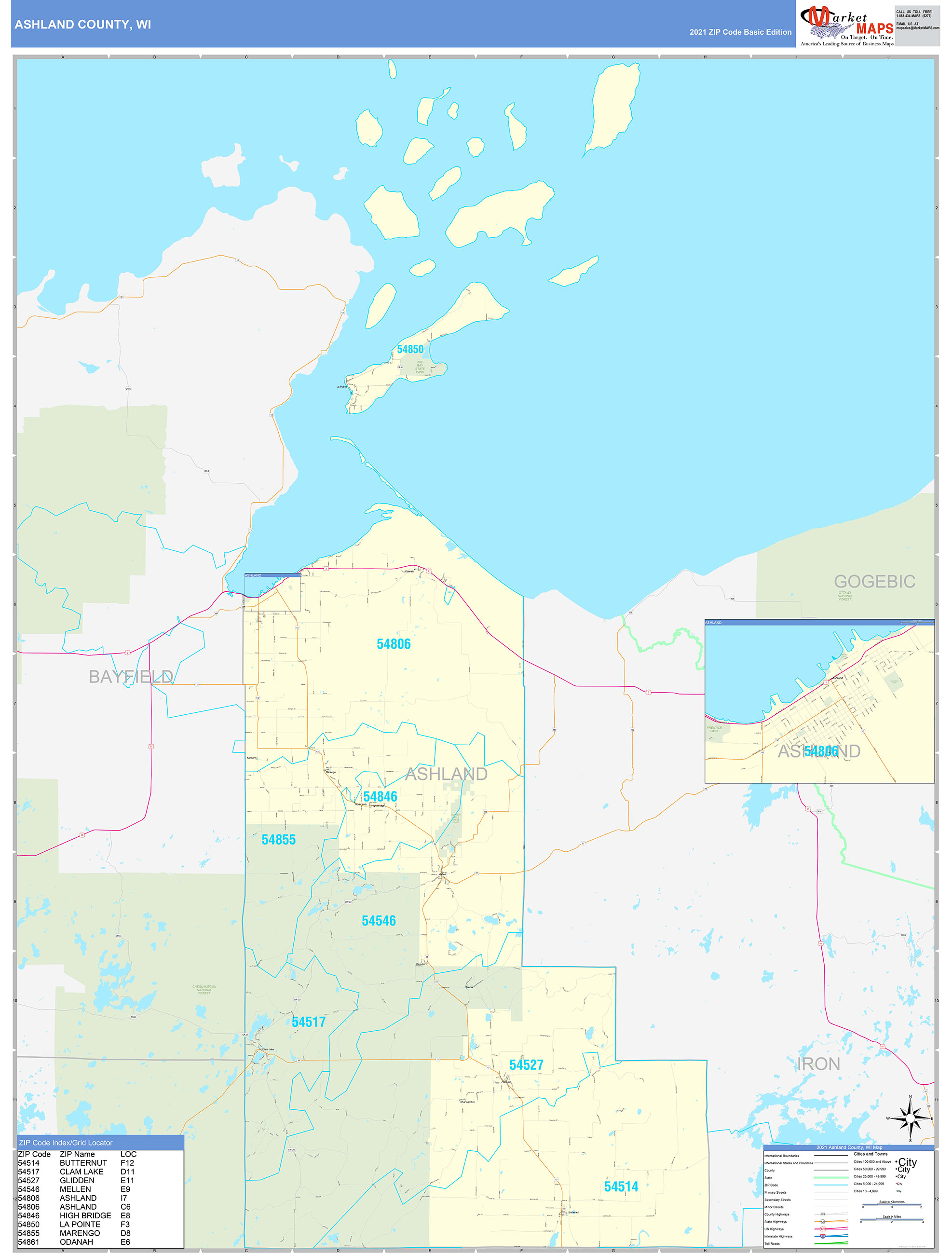 Ashland County, WI Zip Code Wall Map Basic Style by MarketMAPS MapSales