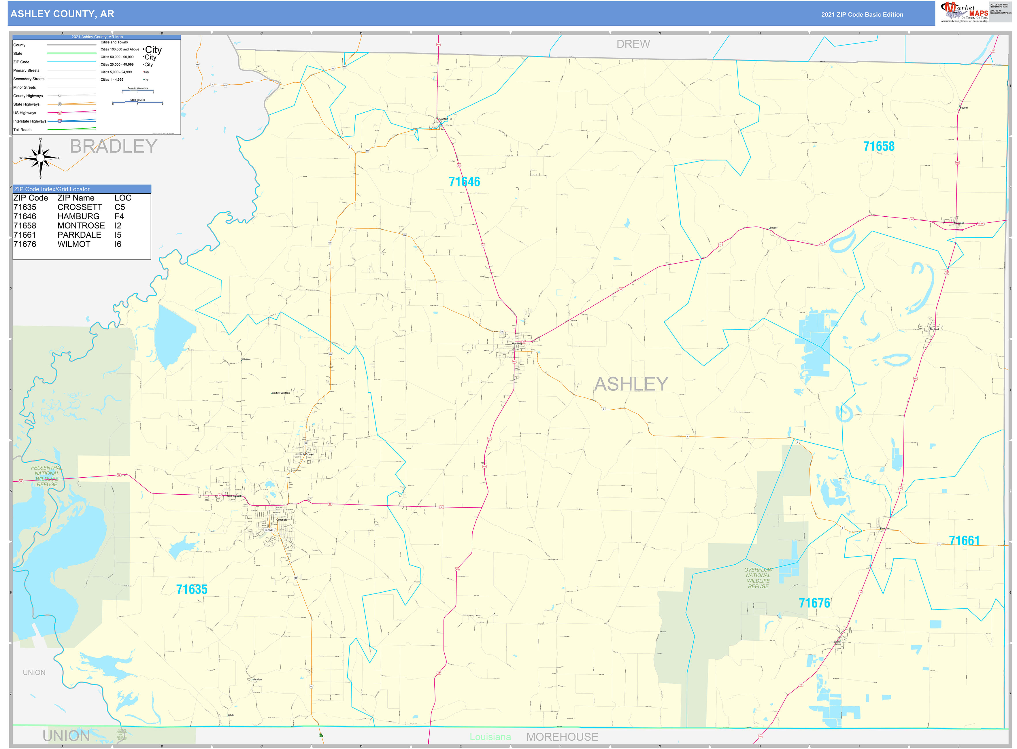 Ashley County, AR Zip Code Wall Map Basic Style by MarketMAPS