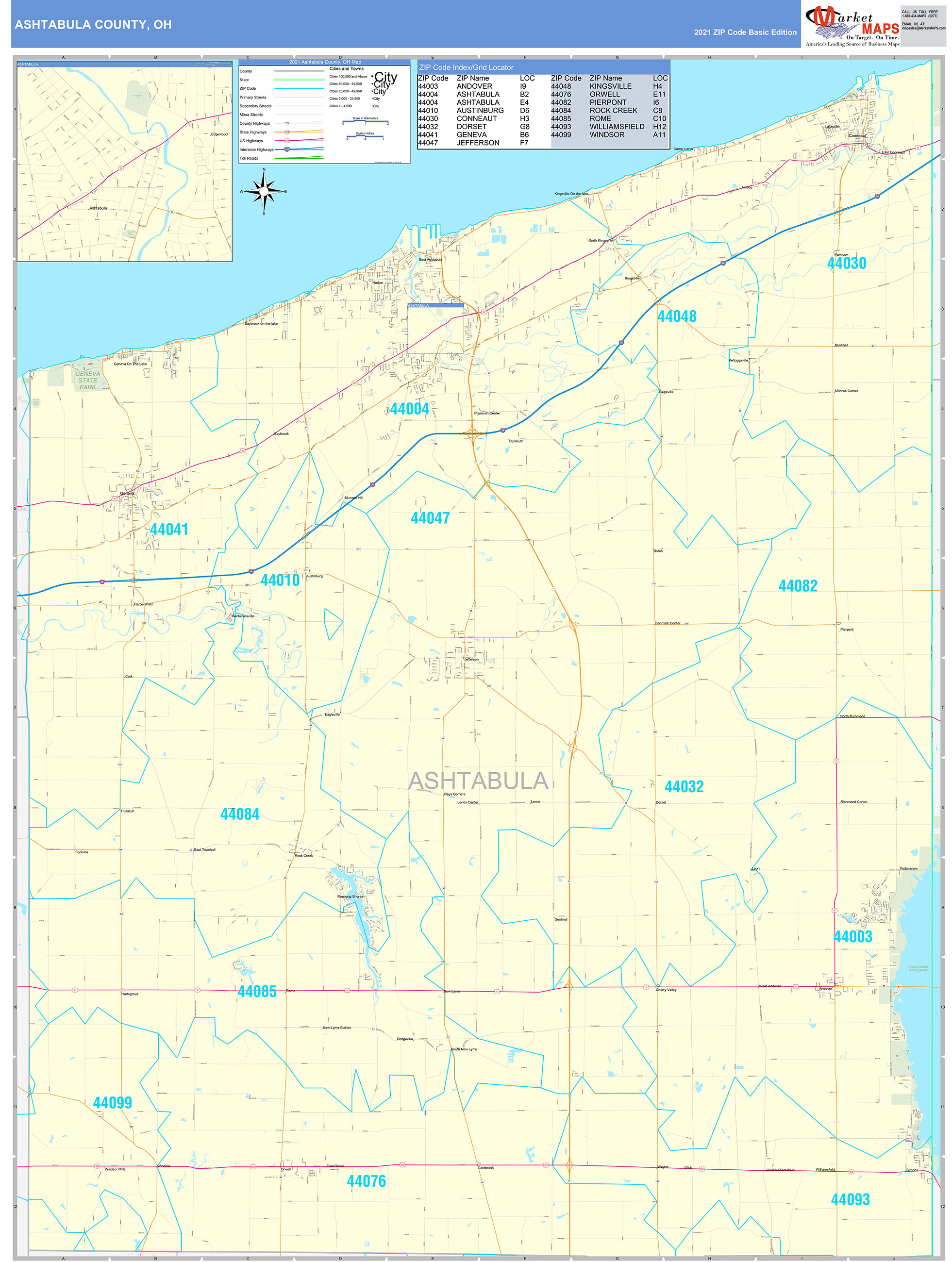 Ashtabula County, OH Zip Code Wall Map Basic Style by MarketMAPS MapSales