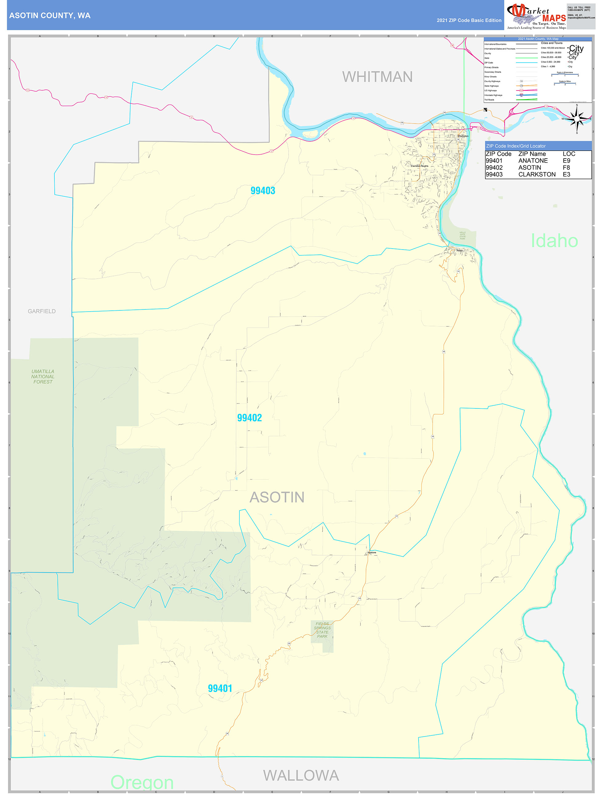 Asotin County, WA Zip Code Wall Map Basic Style by MarketMAPS