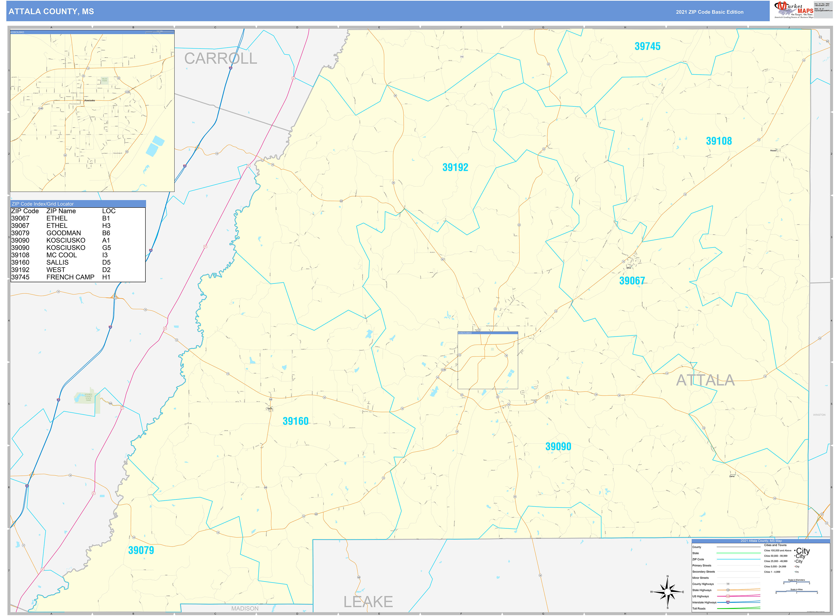 Attala County, MS Zip Code Wall Map Basic Style by MarketMAPS MapSales