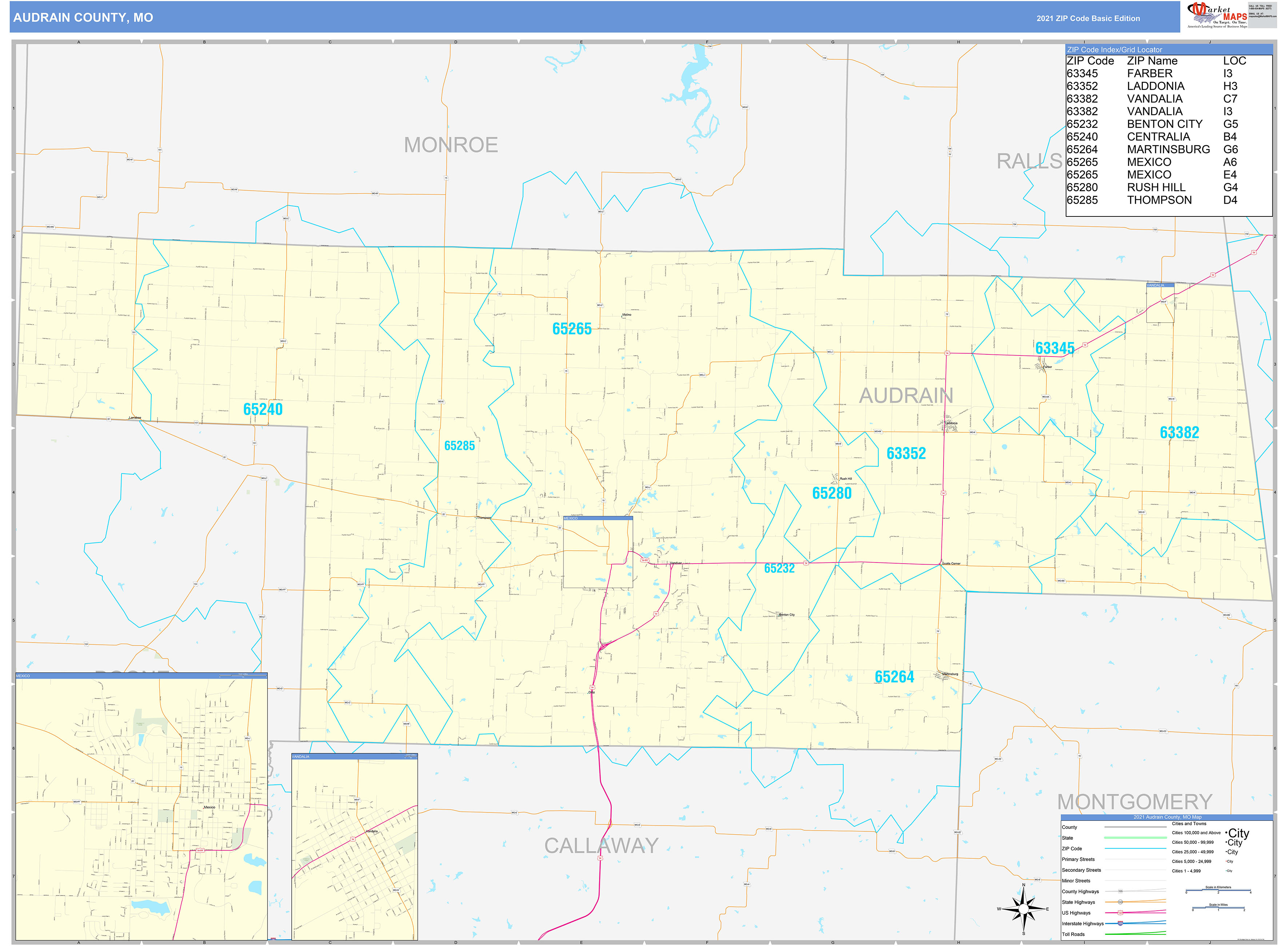 Audrain County, MO Zip Code Wall Map Basic Style by MarketMAPS