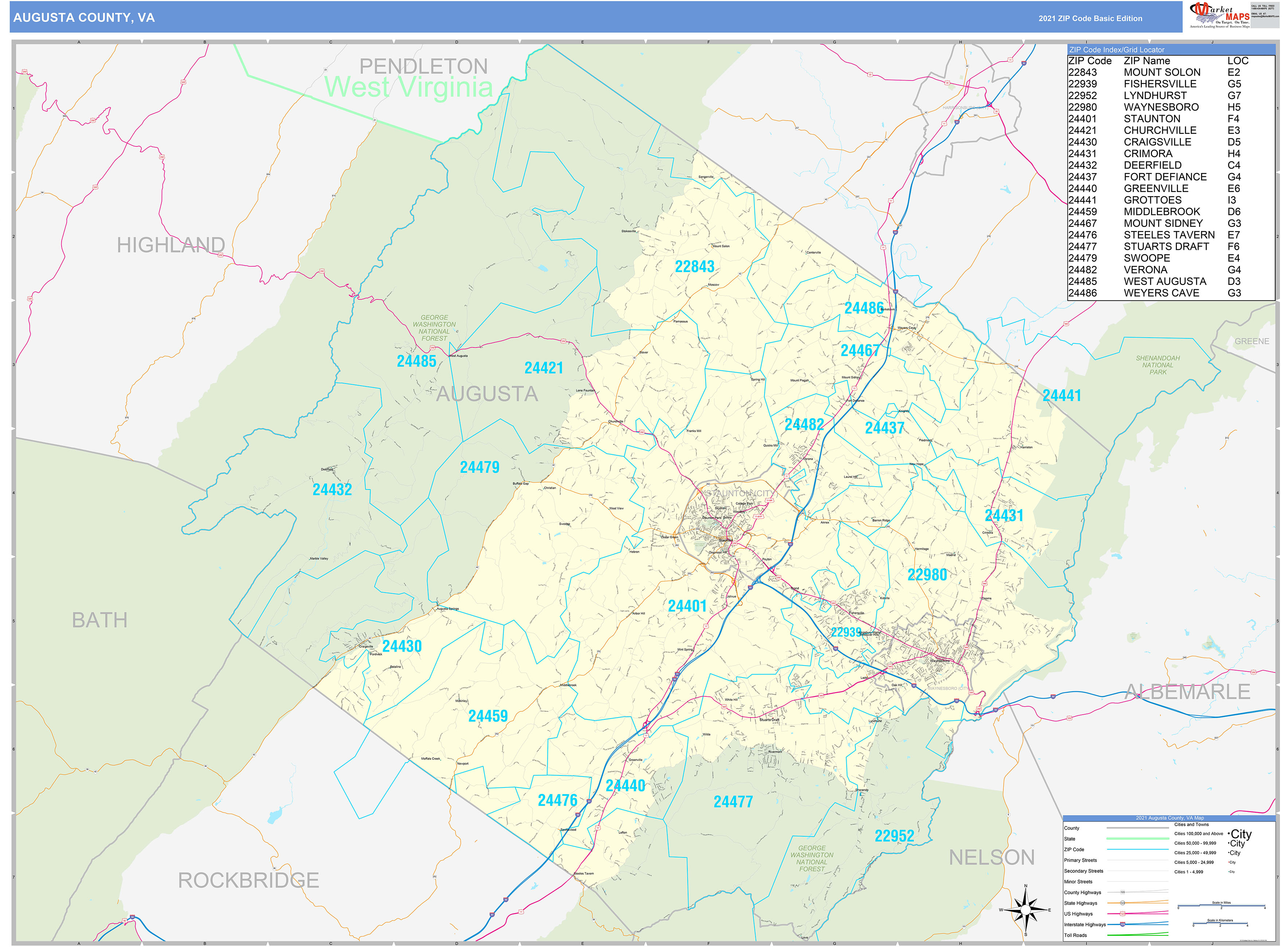 Augusta County, VA Zip Code Wall Map Basic Style by MarketMAPS MapSales