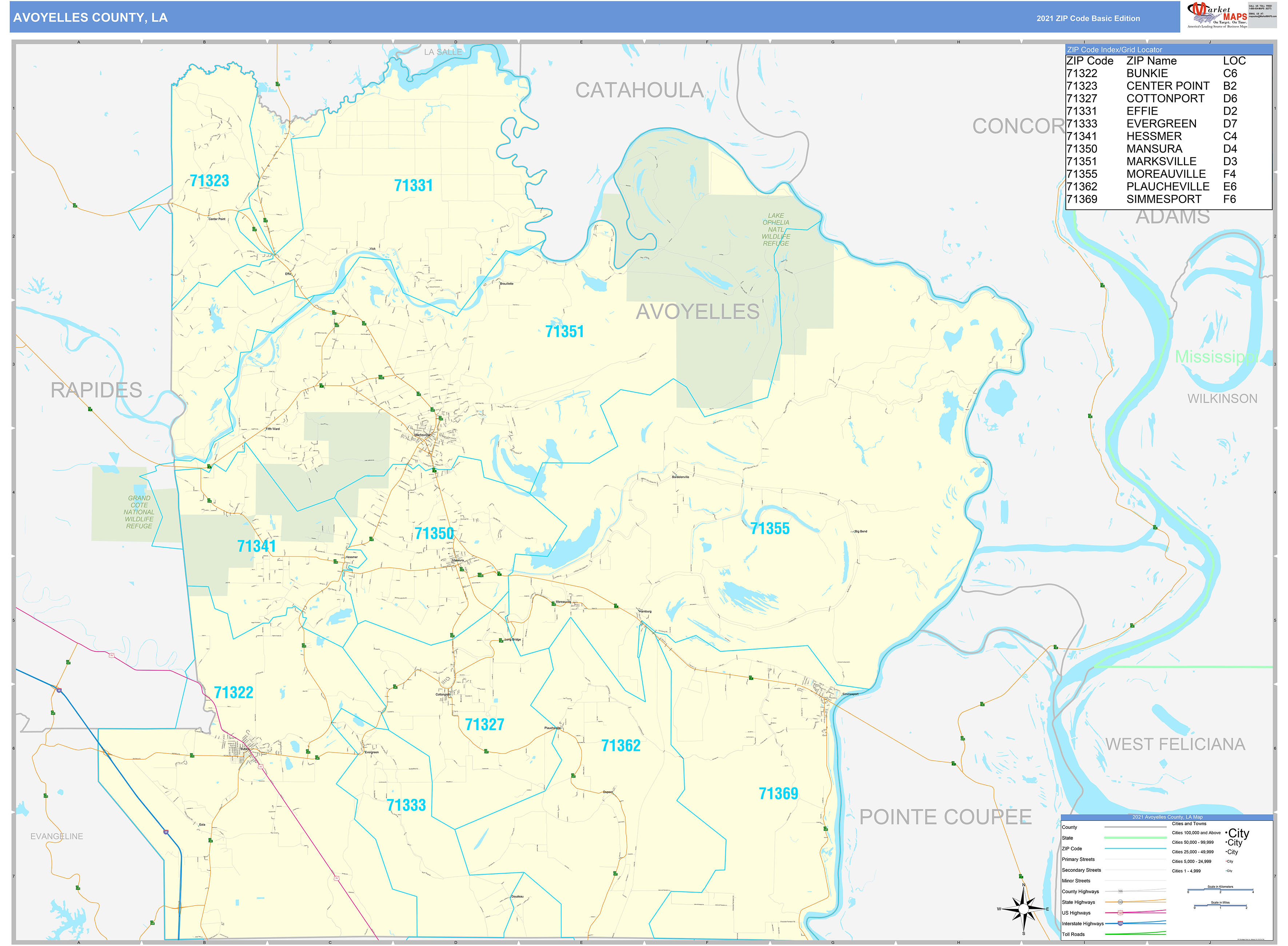 Avoyelles County, LA Zip Code Wall Map Basic Style by MarketMAPS MapSales