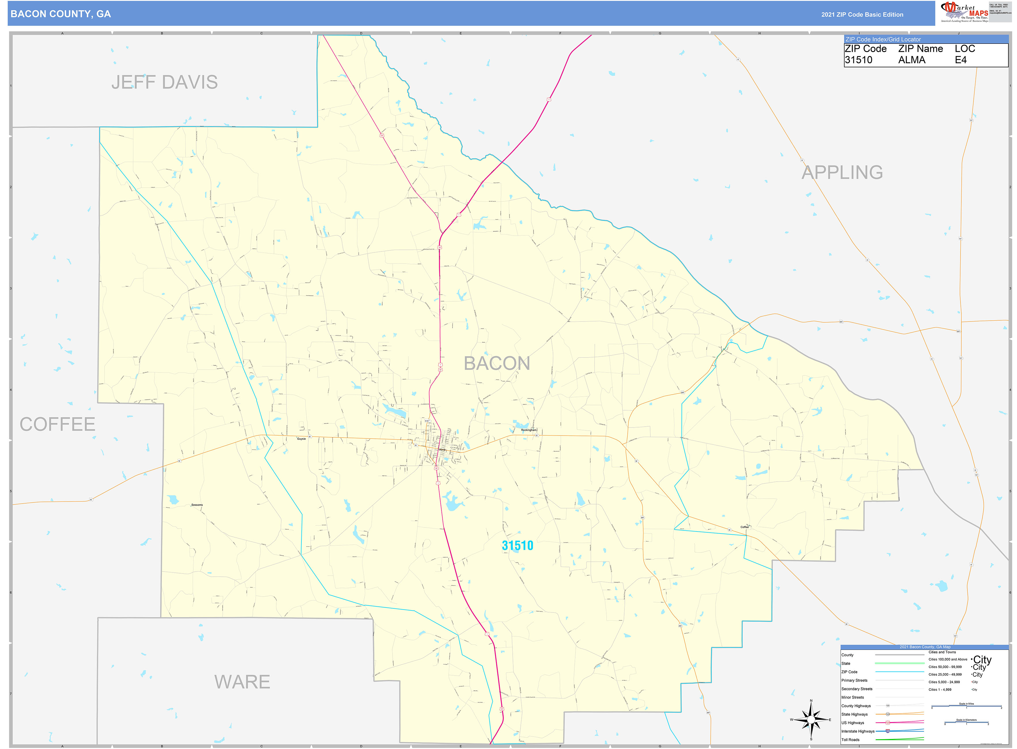 Bacon County, GA Zip Code Wall Map Basic Style by MarketMAPS - MapSales